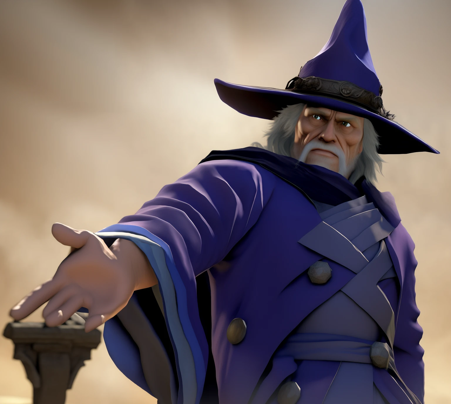There's a man in a blue robe and a hat with a purple cape, como personagem em tekken, t-pose do assistente, feiticeiro , feiticeiro masculino , TEKKEN 7, mago masculino, ferred - themed robes and hat, wizard hat cinematic lighting, bruxo do mal, vestido como um bruxo, From the Graveyard of the Wizard Merlin!!!