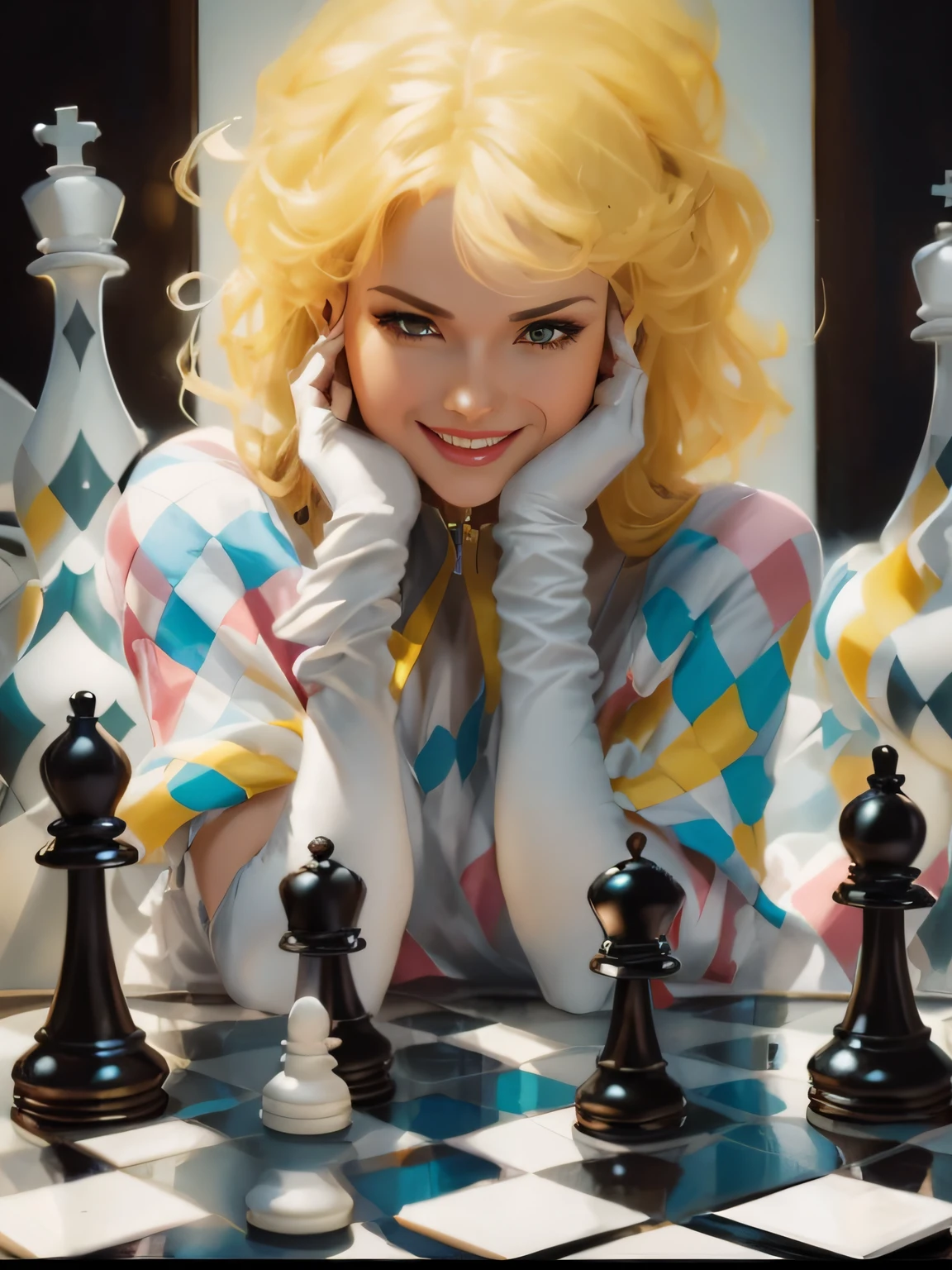 Image of a woman sitting at a chessboard, Artgerm Julie Bell Bill, Artgerm Greg Rutkowski _ Greg, Chris Moore. Artgerm, !!Chess game!!, Artgerm and Greek Rutkovskie, Artgerm', Artgerm-art, Iva Talavera and Artgerm Style, Artgerm Style