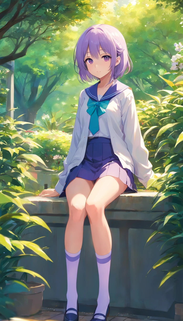 best qualtiy， tmasterpiece， 超高分辨率， realisticlying， 1 girl， long  white hair，Heterochromic pupils，Long legs，Student uniform，vivaciousness，Stick out your tongue，Purple stockings，trpical garden，wide angles