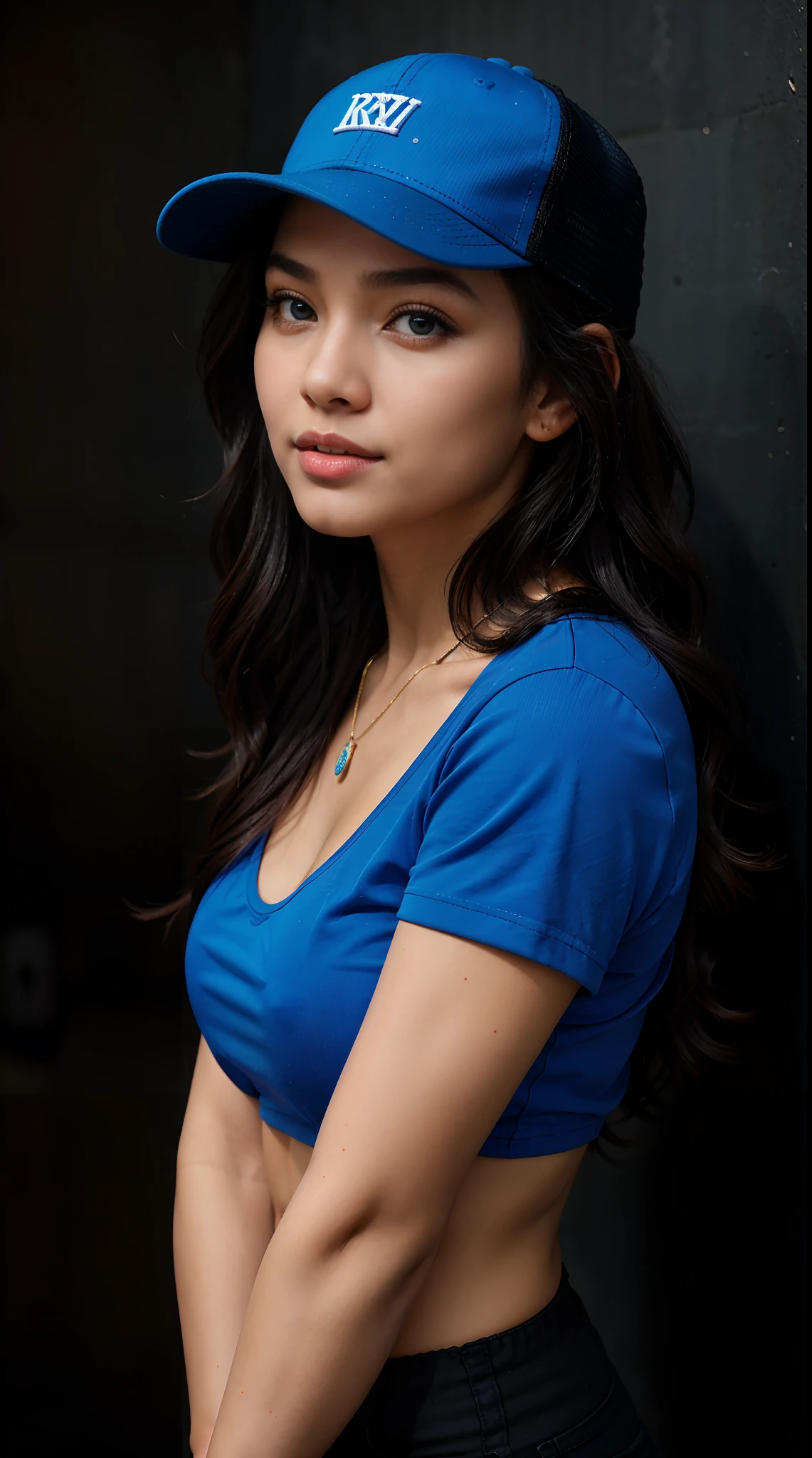 RAW Photo, DSLR BREAK (kkw-ph1:0.9) BREAK full body portrait of 1 young 20yo woman, black wavy hair, wearing vivid blue trucker cap, wearing vivid blue t shirt, perfect eyes, perfect lips, perfect nose, professional color graded, wonderful woman, black background, cute woman, filipina, pinay, filipino woman