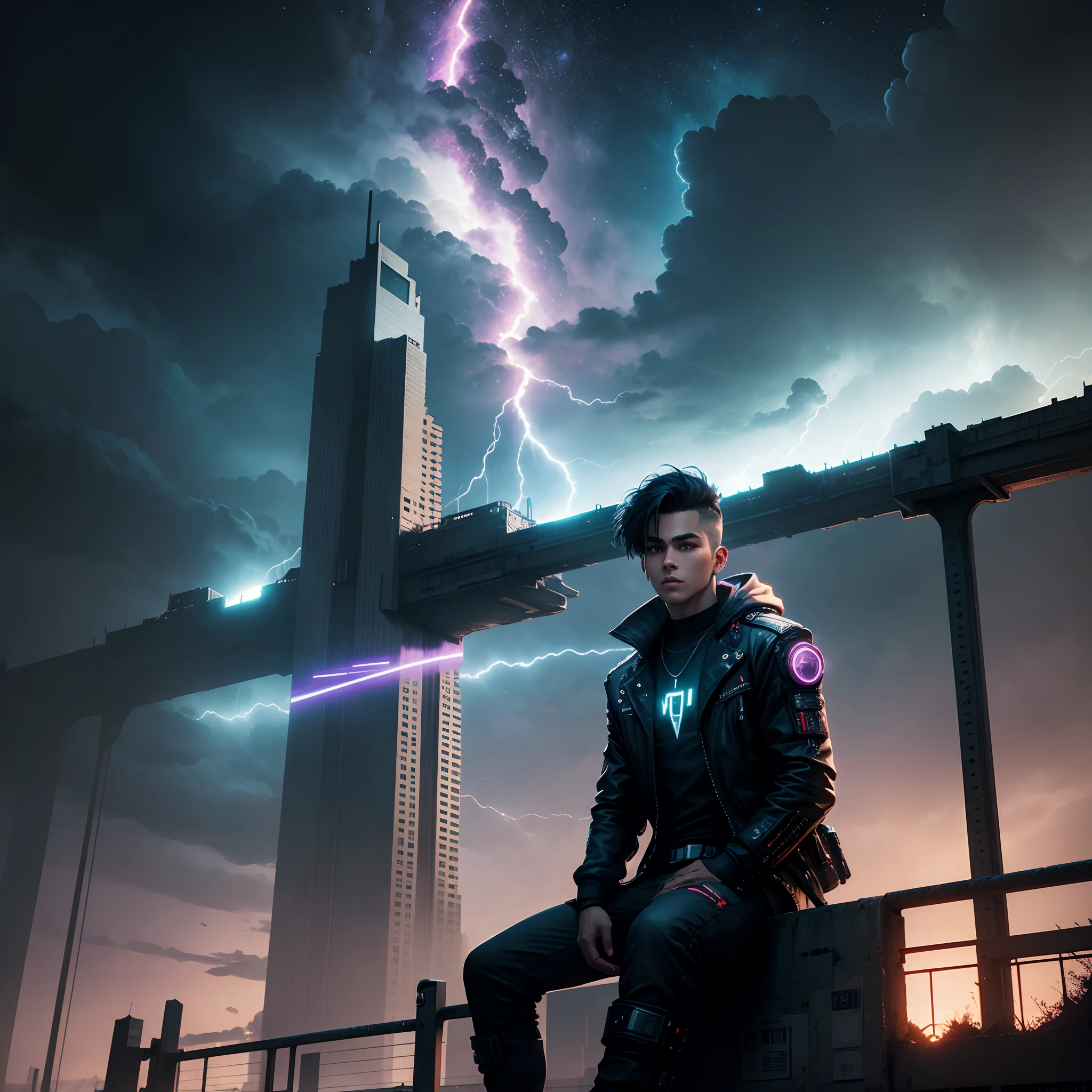 Background like cyberpunk, handsome boy sitting on other side on bridge, lightning, asteroid, stars, cinematic view,