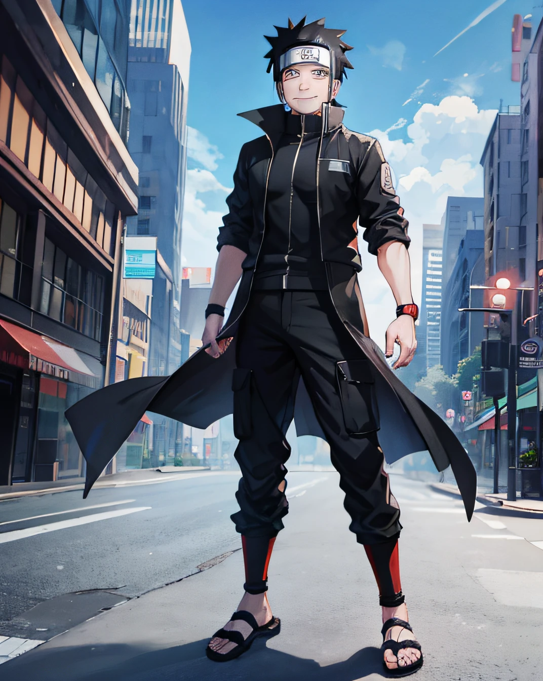 naruto, smile, wearing black full suit, city, HD, high res, looking at viewer, high quality
