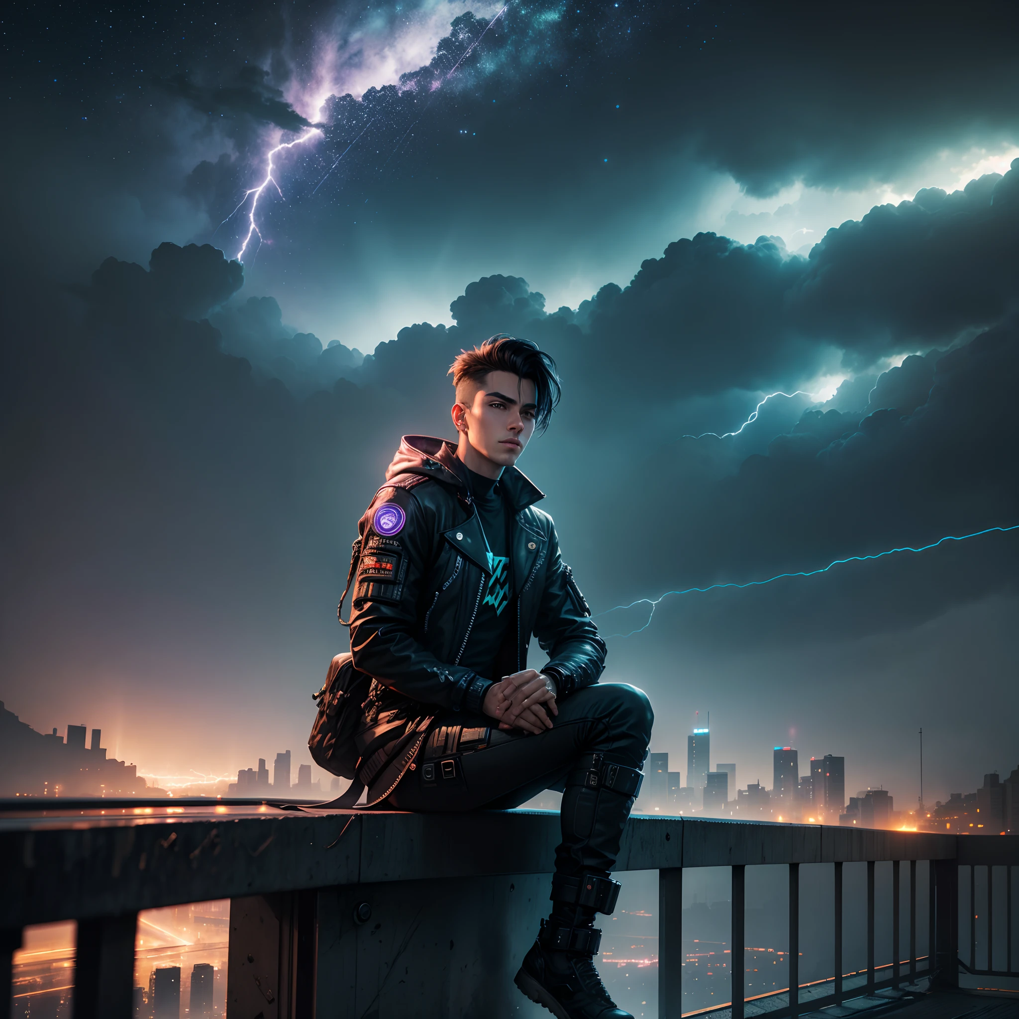 Background like cyberpunk, handsome boy sitting on other side on bridge, lightning, asteroid, stars, cinematic view,