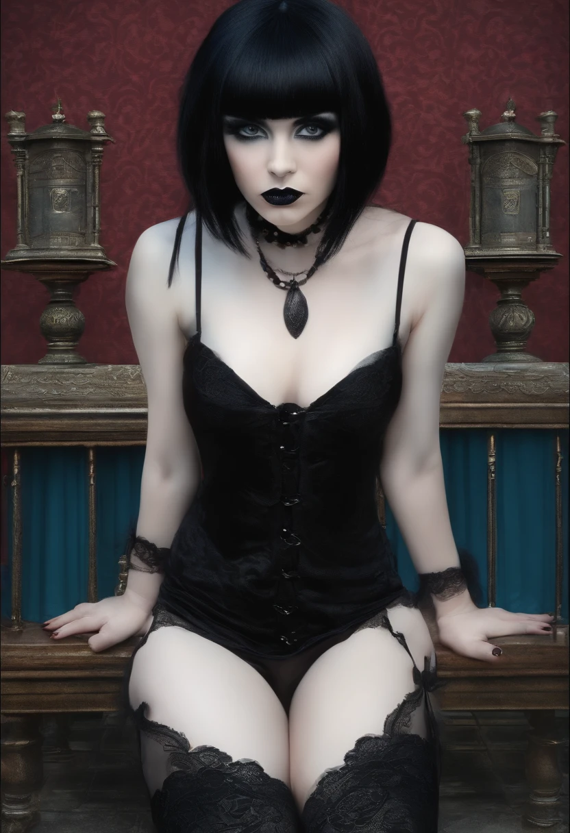 naked goth girl, black bangs, big ass, squatting, peeing