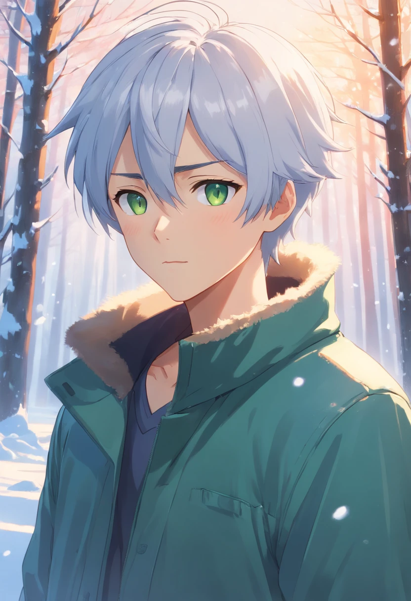 A man with white hair and green eyes, around twenty years old, with wide shoulders and a snowy forest background. He has caucasian features, with hair longer than his ears and not shaved. His face has wide jaws. The image should be of the best quality, with 4k or 8k resolution, high-res, and a masterpiece. It should be ultra-detailed and realistic, with photorealistic qualities. The style should be a portrait, with vivid colors and a bokeh effect. The overall color tone should be cool and atmospheric. The lighting should portray a natural sunlight filtering through the trees, casting soft shadows on the snow-covered ground.