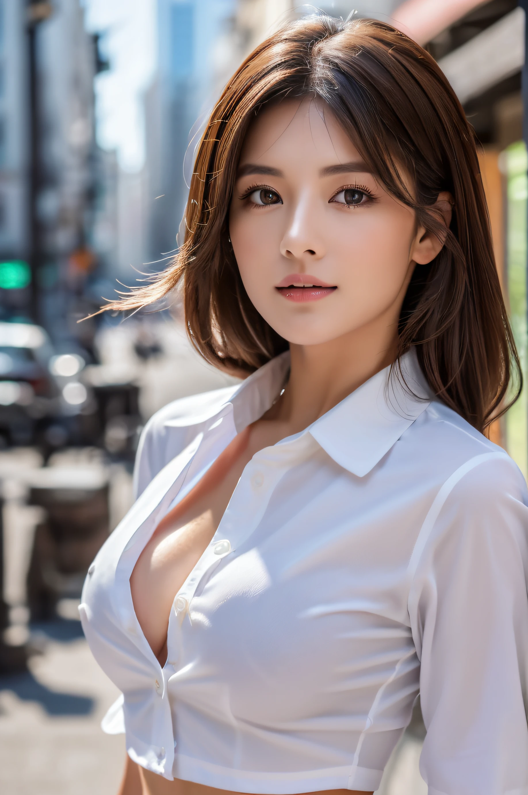 ((Best quality, 8k, Masterpiece :1.3)), Sharp focus :1.2, A pretty woman with perfect figure :1.4, Slender abs :1.2, ((Dark brown hair, Big breasts :1.2)), (White button up long shirt :1.1), City street:1.2, Highly detailed face and skin texture, Detailed eyes, Double eyelid