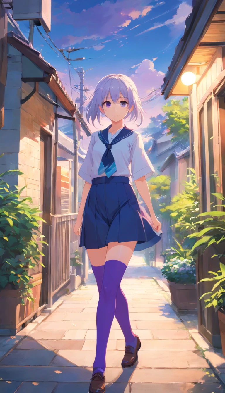 best qualtiy, tmasterpiece, 超高分辨率, realisticlying, 1 girl, long white hair,Heterochromic pupils,Long legs,Student uniform,vivaciousness,Stick out your tongue,Purple stockings,trpical garden,wide angles
