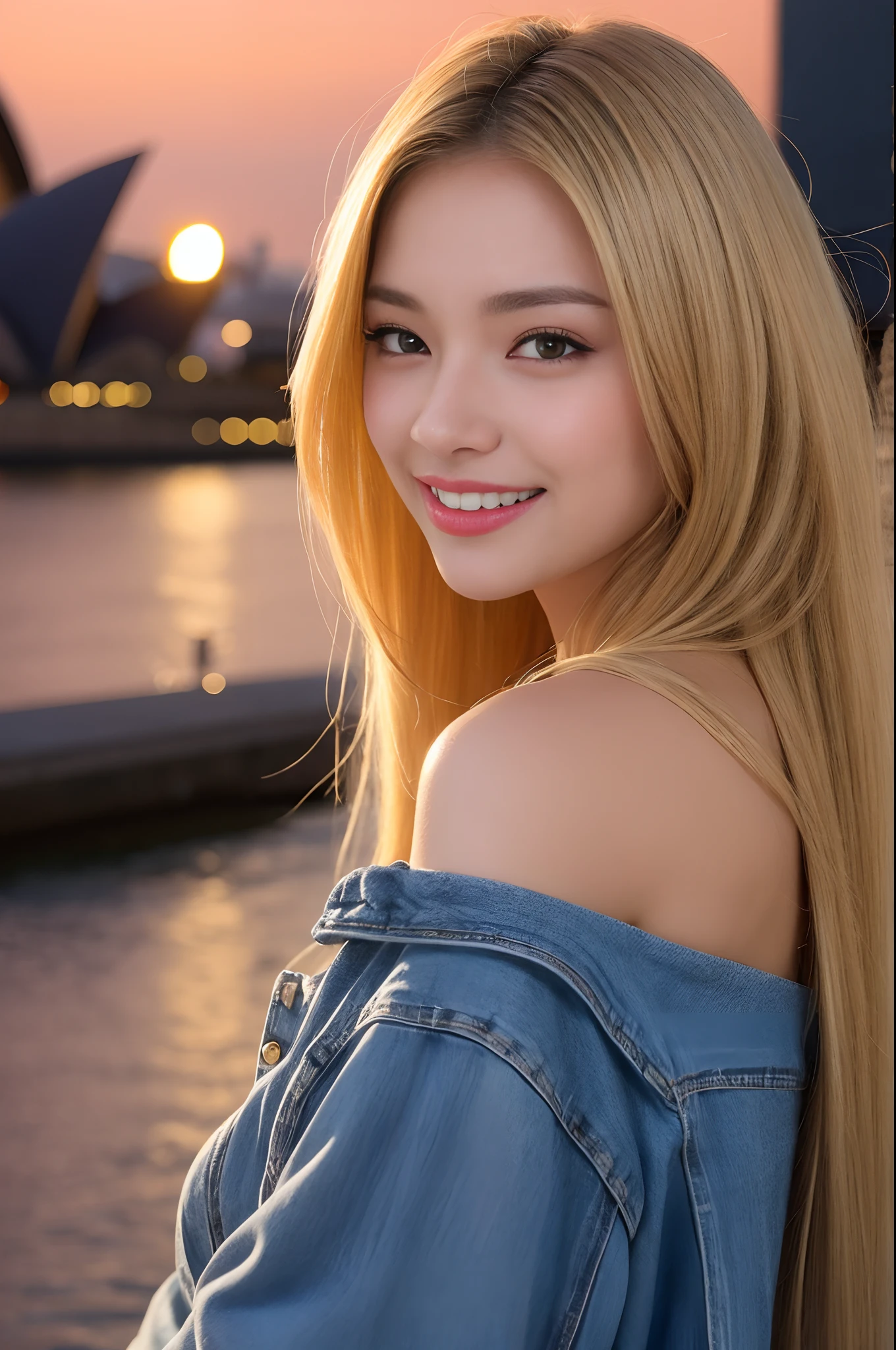 ((Midnight, Best Quality, 8K, Realistic)), Full Body: 1.4, Slender Abs: 1.2, ((Long ash-blonde hairstyle, Medium Breasts: 1.2)), (Long white sleeves, Off_shoulder, Long jeans, Standing: 1.2), (Outdoor, Sydney opera house, Realistic sydney opera house background, Night lights), Highly detailed face and skin texture, detailed eyes, double eyelids, seductive sexy pose, seductive smile, (Face looking at the camera, Selfie camera view, Selfie: 1.2)