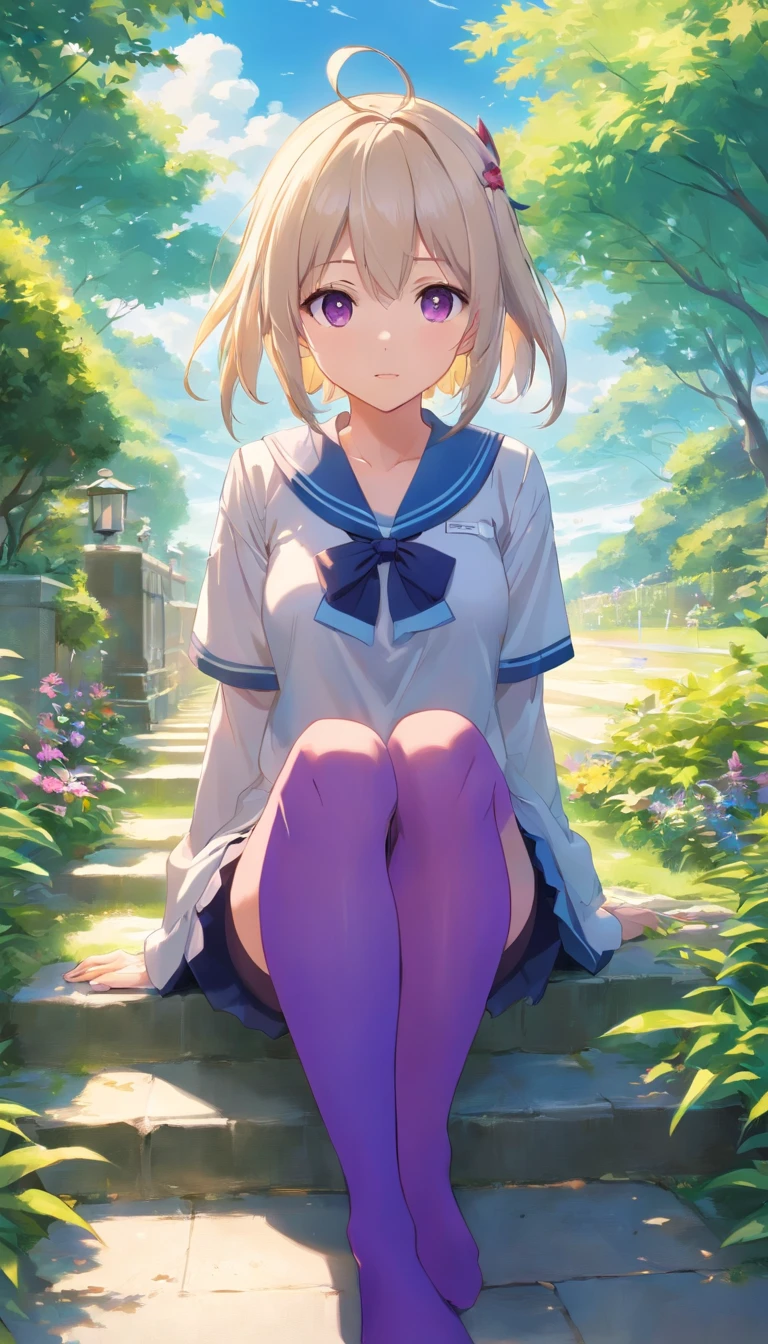 best qualtiy, tmasterpiece, 超高分辨率, realisticlying, 1 girl, long white hair,Heterochromic pupils,Long legs,Student uniform,vivaciousness,Stick out your tongue,Purple stockings,trpical garden,wide angles