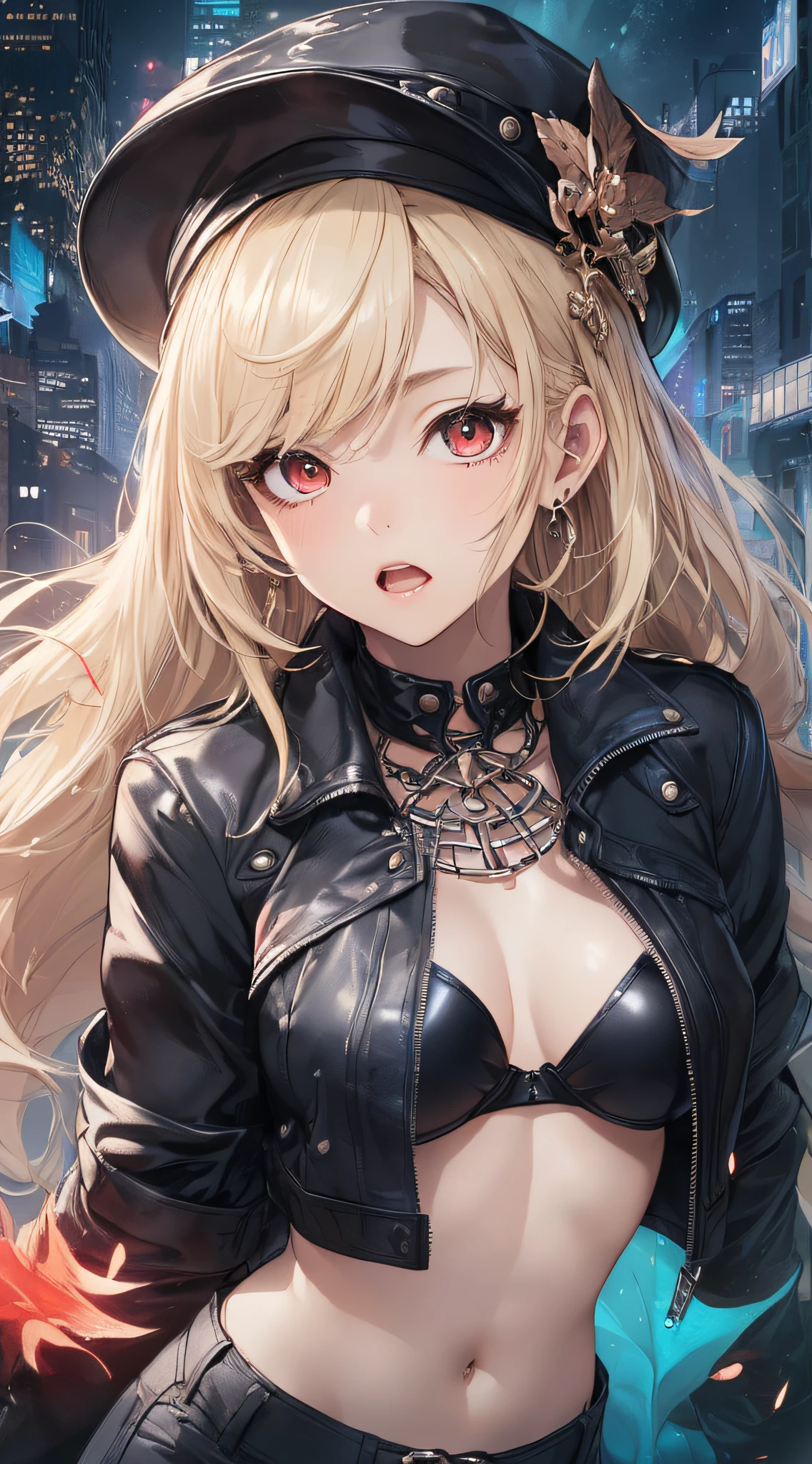 top-quality、Top image quality、masterpiece、girl with((cute little、18year old、Best Bust、Medium bust、Bust 85,Red eyes to issue、Breasts wide open,Valley、Blonde long hair、A slender、Black leather bra、Black leather jacket、White pants、astonished face、Black leather hat)hiquality、Beautiful Art、Background with((nightcity、The ground glows red、weightless、Weightless world、City of weightlessness、)),masutepiece、Elaborate design、visualart、depth of fields、The best lighting、highestdetailed、