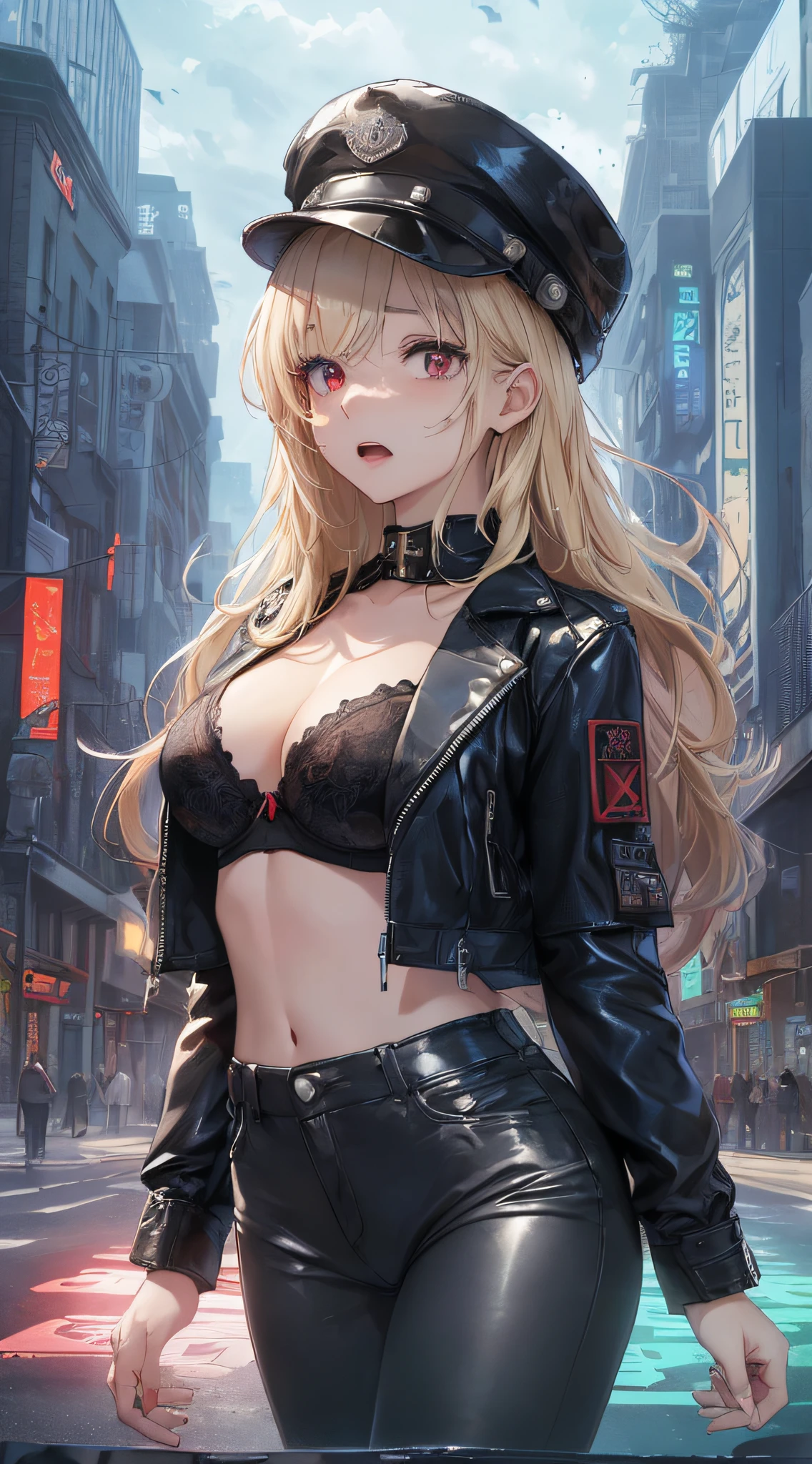 top-quality、Top image quality、​masterpiece、girl with((cute little、18year old、Best Bust、Medium bust、Bust 85,Red eyes to issue、Breasts wide open,Valley、Blonde long hair、A slender、Black leather bra、Black leather jacket、White pants、astonished face、Black leather hat）hiquality、Beautiful Art、Background with((nightcity、The ground glows red、weightless、Weightless world、City of weightlessness、)),masutepiece、Elaborate design、visualart、depth of fields、The best lighting、highestdetailed、