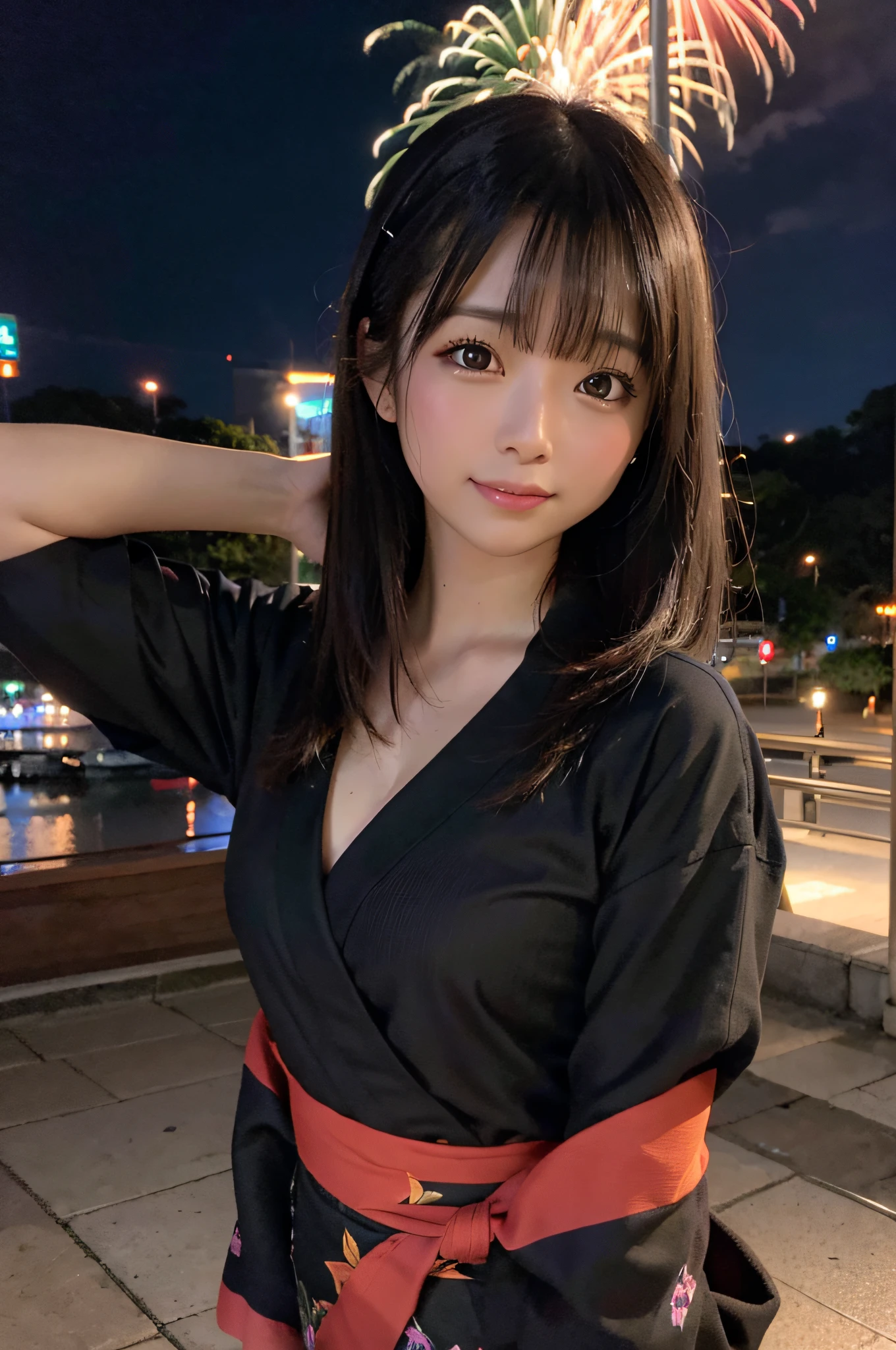 ((master part)), tiro de close up, best quality, corpo inteiro, sozinho, Mulher japonesa, Corpo alto, corpo sexy, sexy, Encantadora, pele apertada, seios grandes e firmes, (Usando um yukata), sorrir, (master part, best quality, Textura detalhada da pele, textura detalhada do tecido, Detalhes bonitos do rosto, detalhes intrincados, Very detailed ), cabelo preto curto, dynamic pose, no telhado, Tokyo street ,Noite, Cityscape, Luzes da cidade, Fireworks Festival,((fireworks in the sky)) ,