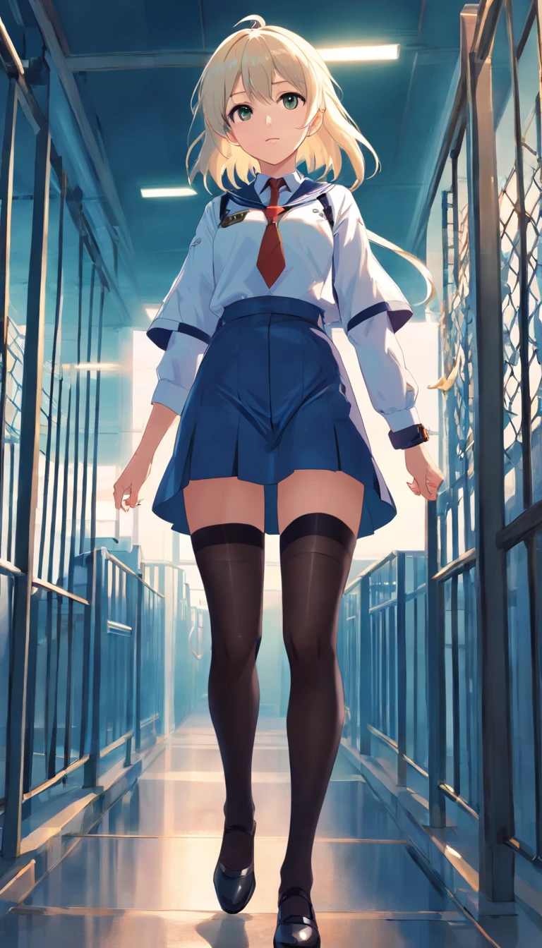 best qualtiy, tmasterpiece, 超高分辨率, realisticlying, 1 girl, long white hair,Heterochromic pupils,Long legs,Policewoman uniform,vivaciousness,Stick out your tongue,Black stockings,behind bars,wide angles
