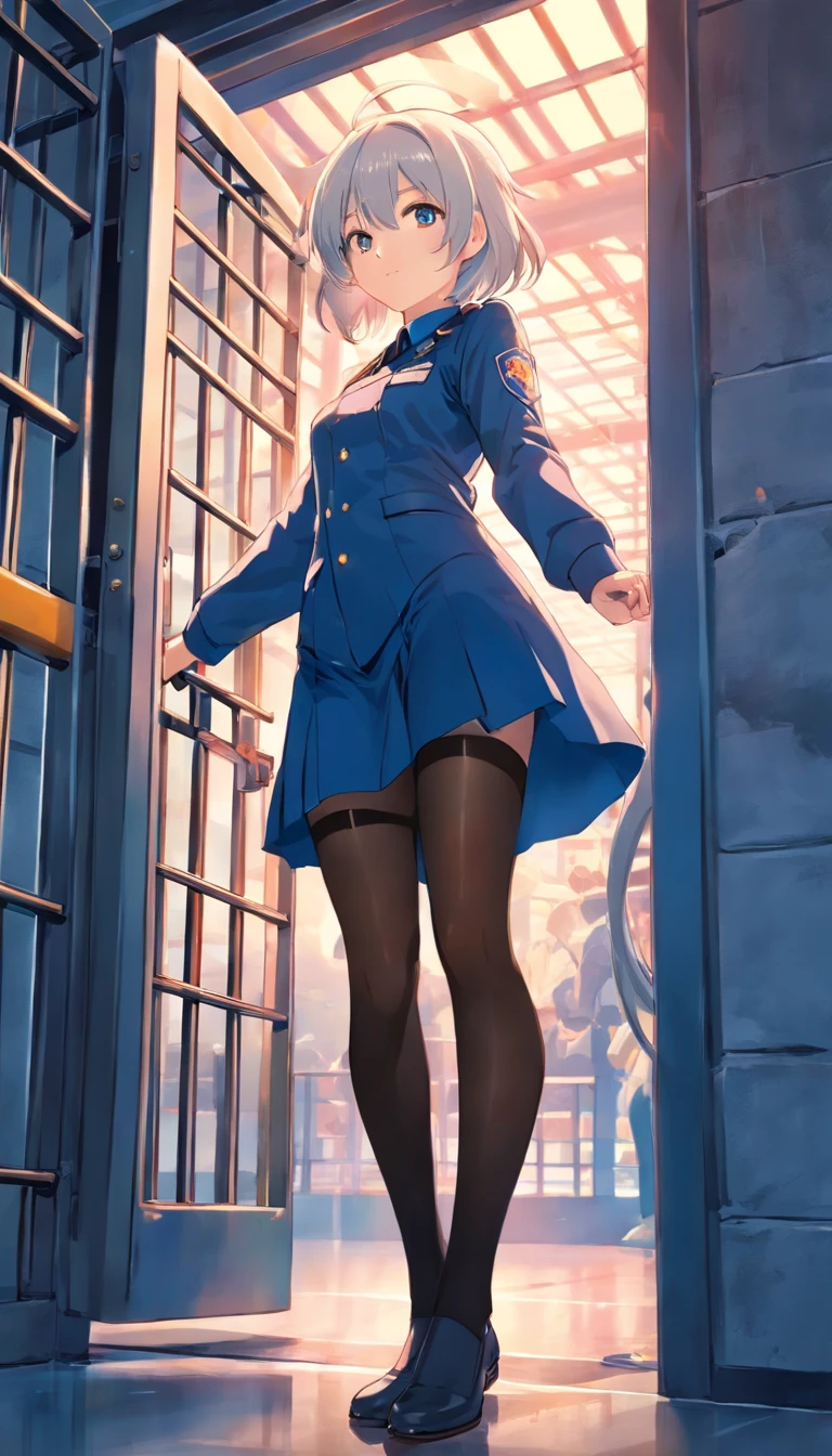best qualtiy, tmasterpiece, 超高分辨率, realisticlying, 1 girl, long white hair,Heterochromic pupils,Long legs,Policewoman uniform,vivaciousness,Stick out your tongue,Black stockings,behind bars,wide angles