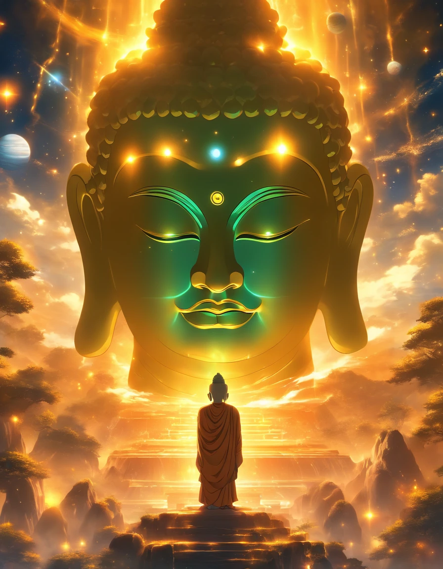 The huge transparent Buddha head looks at an earthy yellow planet in the universe，Glow effects，oc rendered