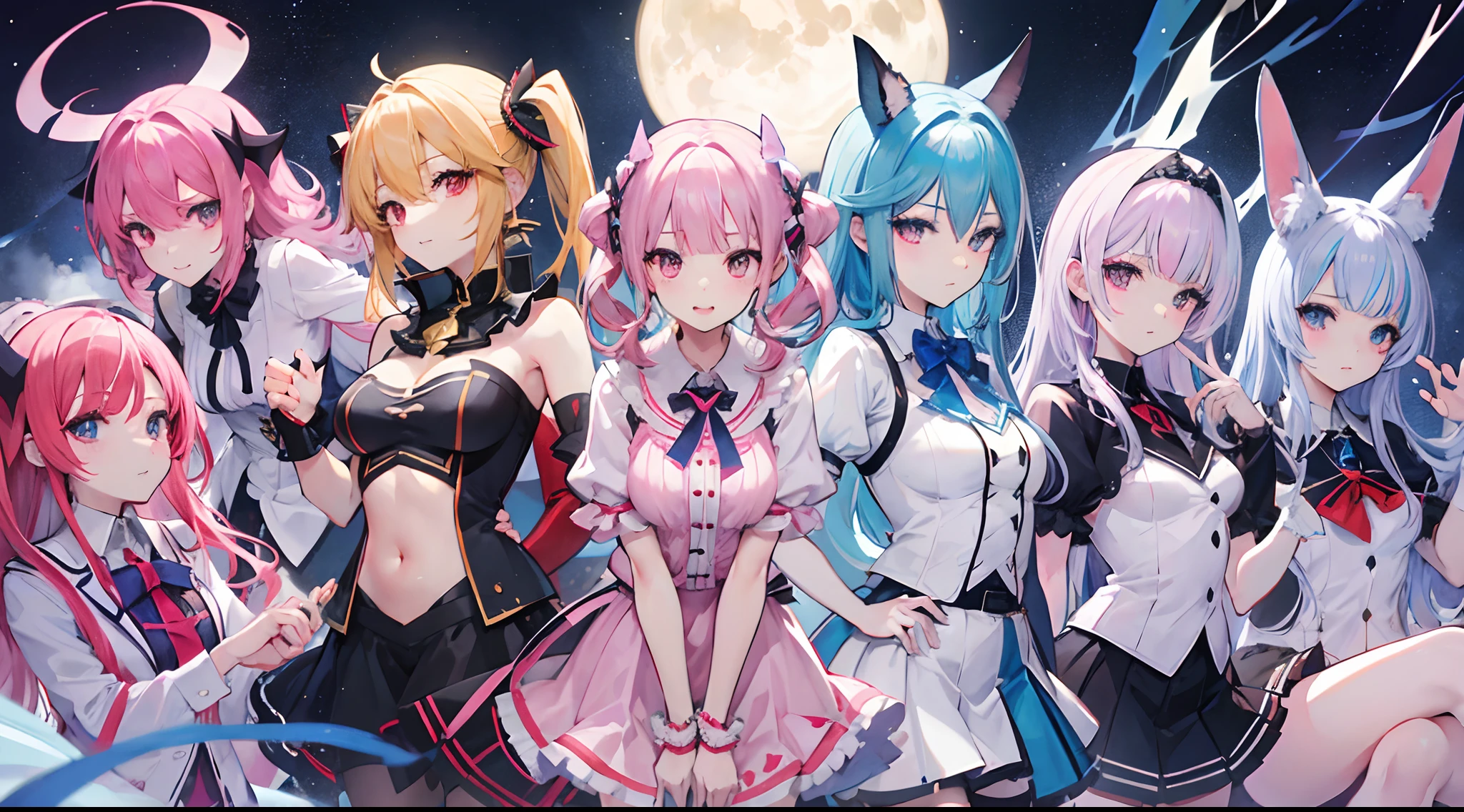 DRAWING OF anime characters are posing for a picture in a group, FEIRCE LOOK::2, DEVIL EYES, from Hololive English girls , girls Hololive English style, characters from Hololive English , Hololive English, girls Hololive English universe, commission for, fine details. kawacy, anime girls, pixiv,ABSURDERS, high res, ultrasharp, 8k, lasterpiece