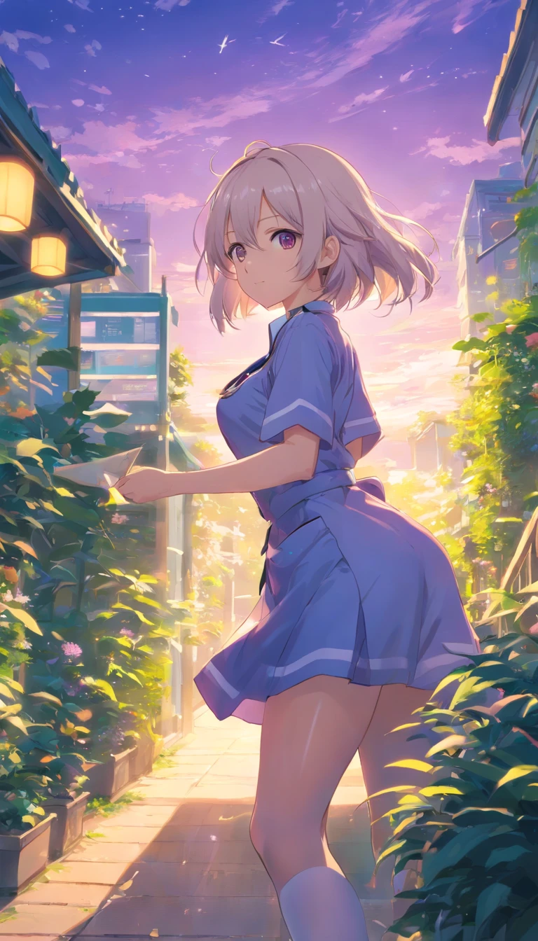 best qualtiy, tmasterpiece, 超高分辨率, realisticlying, 1 girl, long white hair,Heterochromic pupils,Long legs,nurses uniform,vivaciousness,Stick out your tongue,Purple stockings,trpical garden,wide angles