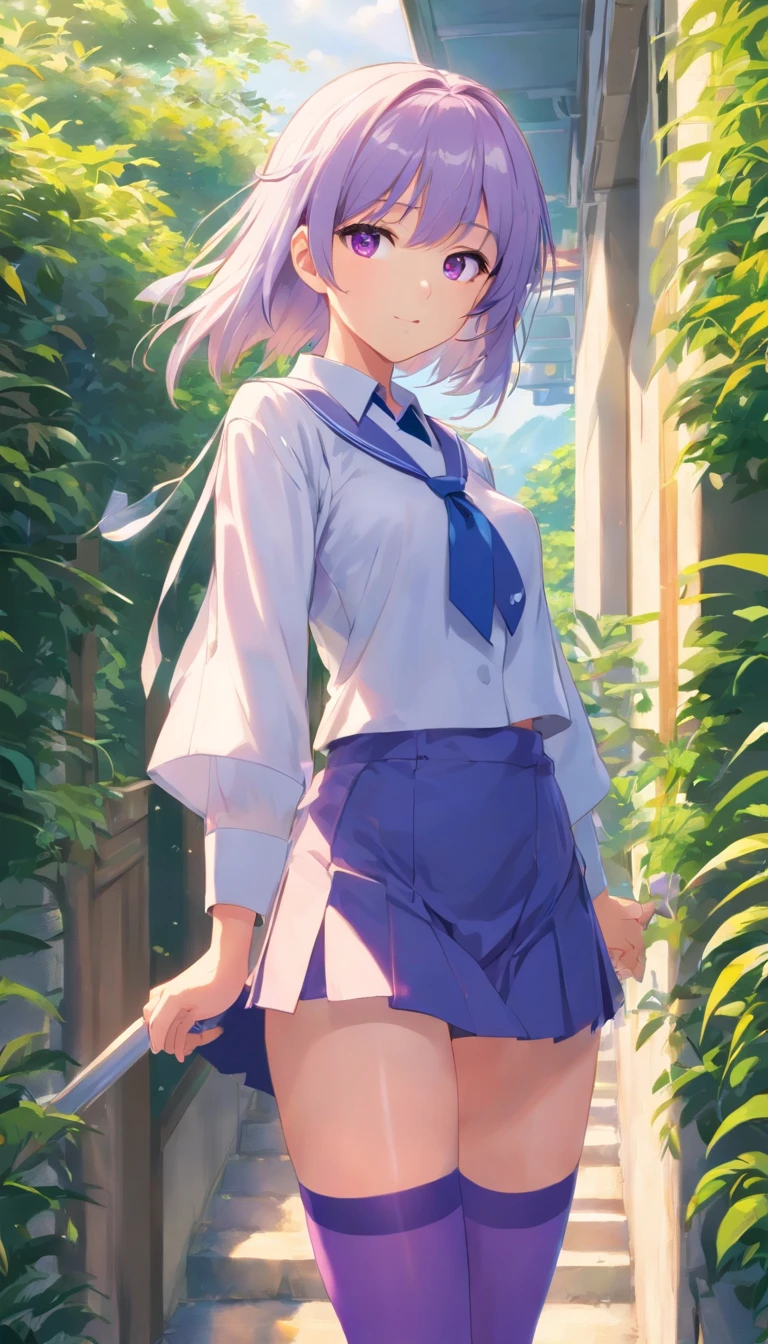 best qualtiy, tmasterpiece, 超高分辨率, realisticlying, 1 girl, long white hair,Heterochromic pupils,Long legs,nurses uniform,vivaciousness,Stick out your tongue,Purple stockings,trpical garden,wide angles