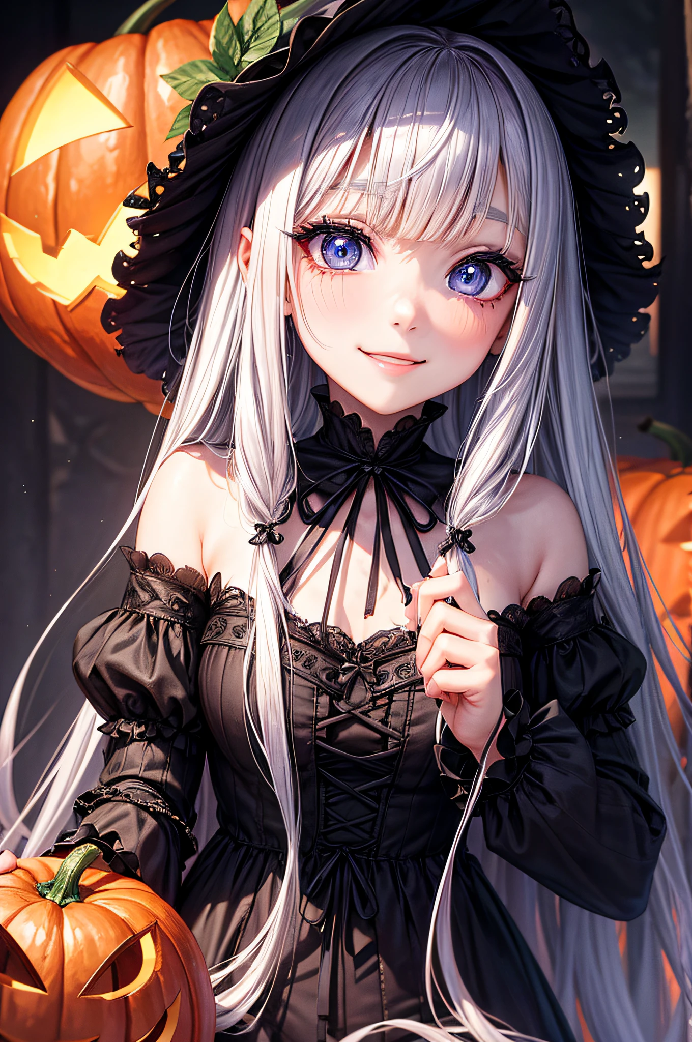 Halloween Costumes、the witch、infp young woman、Creative images that can win contests、Polished RAW photos、Big eyes、Transparent eyes、　Beautiful makeup、long eyeslashes、A smile、Smile、、Solo Photography、beatiful detailed eyes、vertical stripes　imagem 4k　超A high resolution、Overall view