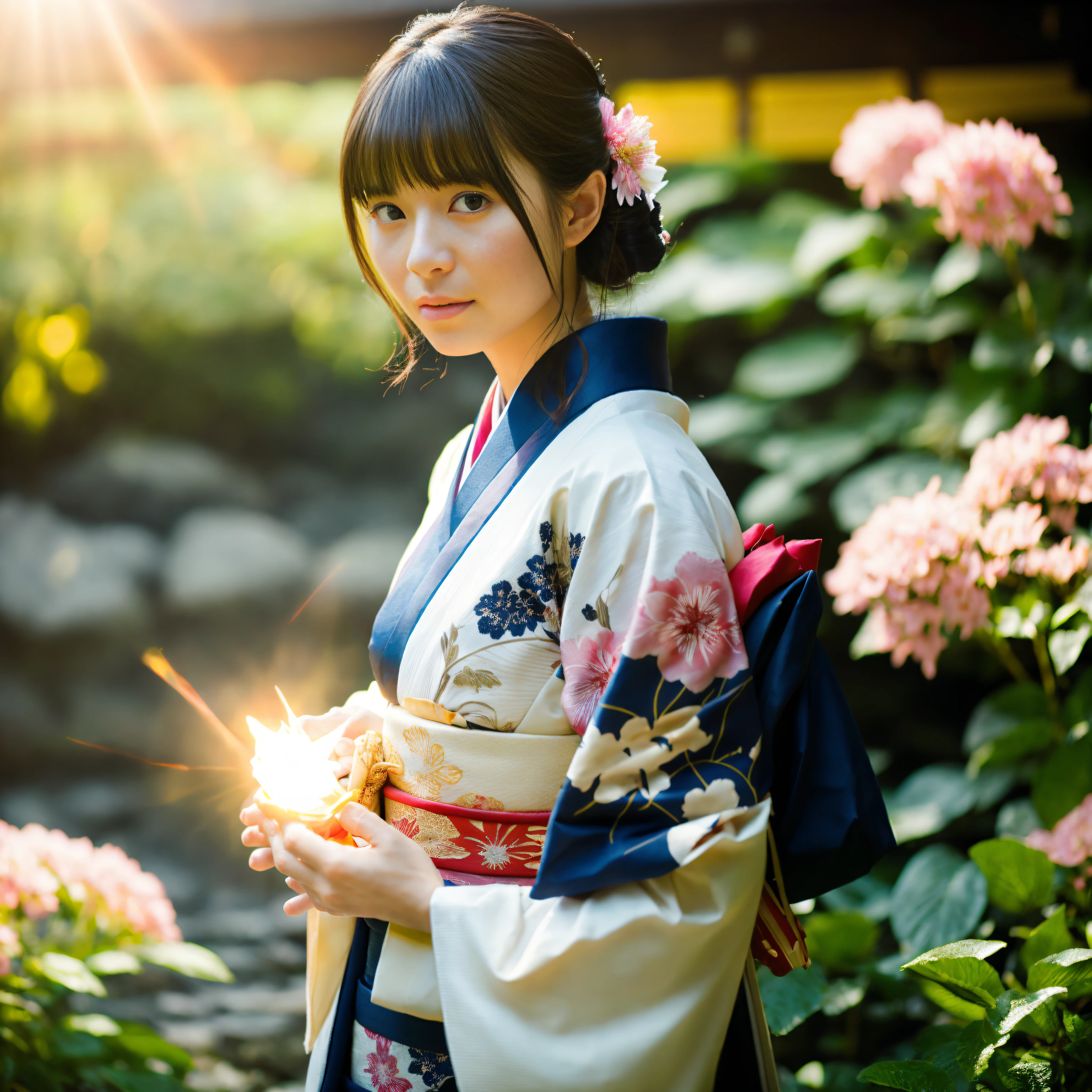 (Photorealsitic:1.1)、42-year-old woman in kimono、lensflare、natural soft light、Contre-Jour、A dark-haired、Old shrine