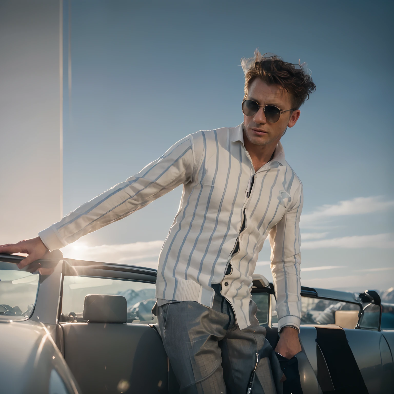 award winning (portrait photo:1.4) of a handsome man, 007danielcraig, dressed in a white suit, standing beside a silver Aston Martin DB5 car, Swiss Alps (shallow depth of field:1.3), by lee jeffries nikon d850 film stock photograph 4 kodak portra 400 camera f1.6 lens rich colors hyper realistic lifelike texture dramatic lighting unreal engine trending on artstation cinestill 800 (vignette:1.3), filmgrain, shallow depth of field, blurred background