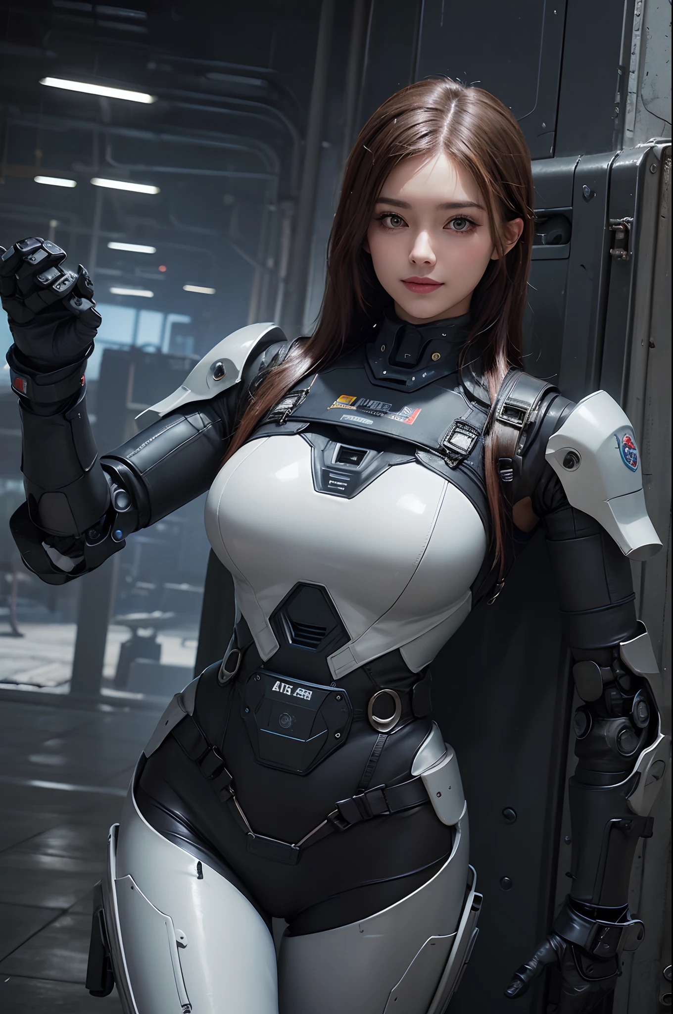 (Highest image quality, outstanding details, ultra-high resolution), 1 girl, (wearing futuristic military outfit), (glamour body:1.2, buffed and muscular body), (a bit chubby:0.5), (futuristic military outfit inspired by bike suit and industrial manufacturing robot, military harness, military gears such as pouches), background military base, mild smile, dynamic pose, dramatic lighting,