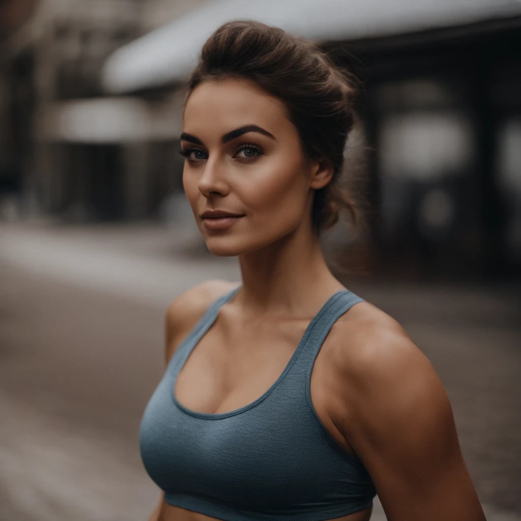 Femme aux yeux bleus, , cheveux brun en chignon, grands yeux, selfie of a young woman, sans maquillage, Visage avec Artgram, Maquillage subtil, Corps complet, bra, poitrine moyenne, Muscular buttocks, peau mate, peau claire, Sportswear Leggings Bralette