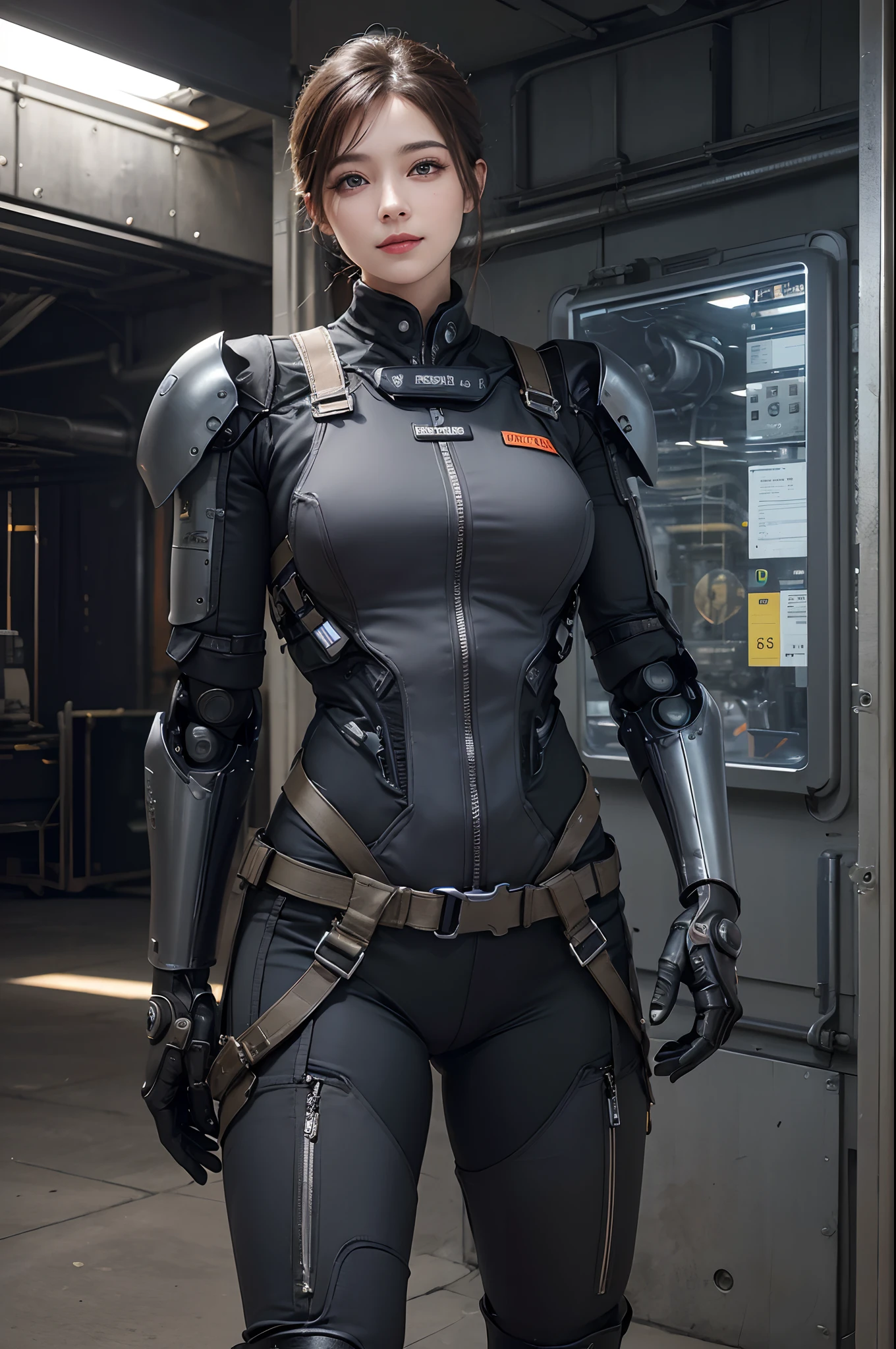 (Highest image quality, outstanding details, ultra-high resolution), 1 girl, (wearing futuristic military outfit), (glamour body:1.2, buffed and muscular body), (a bit chubby:0.5), (futuristic military outfit inspired by bike suit and industrial manufacturing robot, military harness, military gears such as pouches), background military base, mild smile, dynamic pose, dramatic lighting,