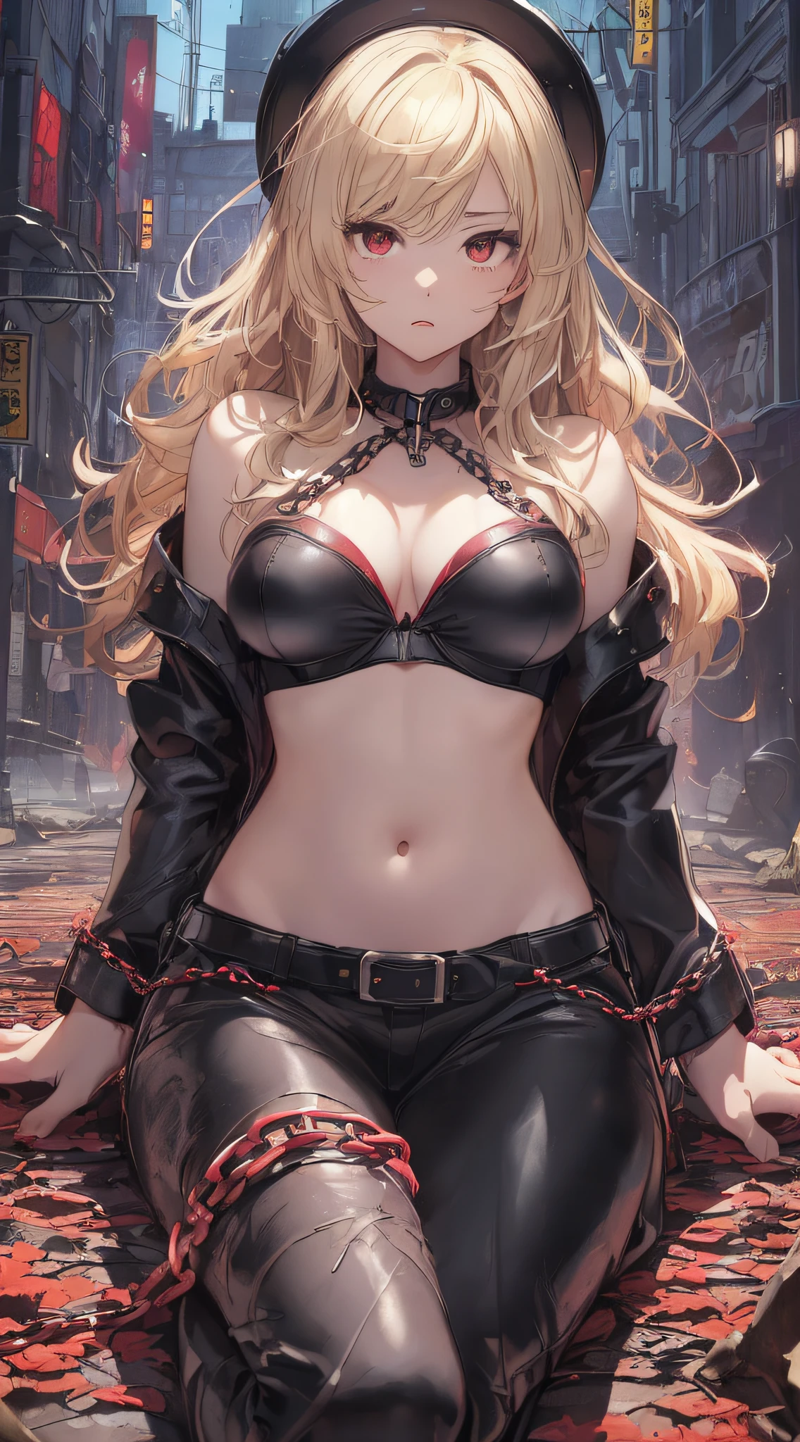 top-quality、Top image quality、​masterpiece、girl with((cute little、18year old、Best Bust、Medium bust、Bust 85,Red eyes to issue、Breasts wide open,Valley、Blonde long hair、A slender、Black leather bra、Black leather jacket、White trousers、astonished face、Follow your audience）hiquality、Beautiful Art、Background with((nightcity、The ground glows red、Splitting ground、Chain from the ground)),masutepiece、Elaborate design、visualart、depth of fields、The best lighting、highestdetailed、