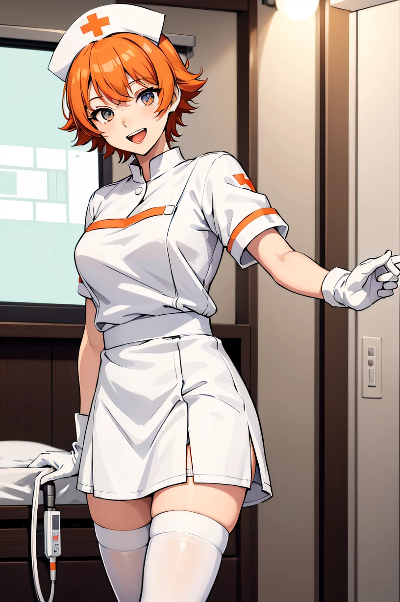 1 girl, alone, nurse, nurse cap, Whiteware, ((white legwear, zettai ryouiki)), white gloves, very short hair, orange hair, smile, open your mouth, Are standing, ((hospital room)), sharp outline, short sleeve, Tomboy, boyish, highest quality, masterpiece