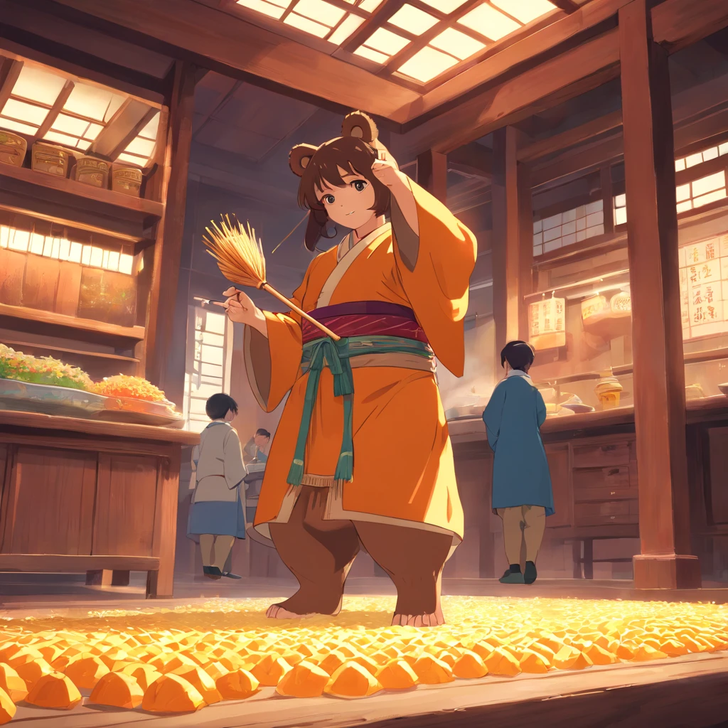Hanging foot building,A bear dressed in Zhuang costume,Take a wooden spoon,Stir in the five-colored glutinous rice, 4K, Dutch angle, Light cinematic, (muzzle flash: 0,7)