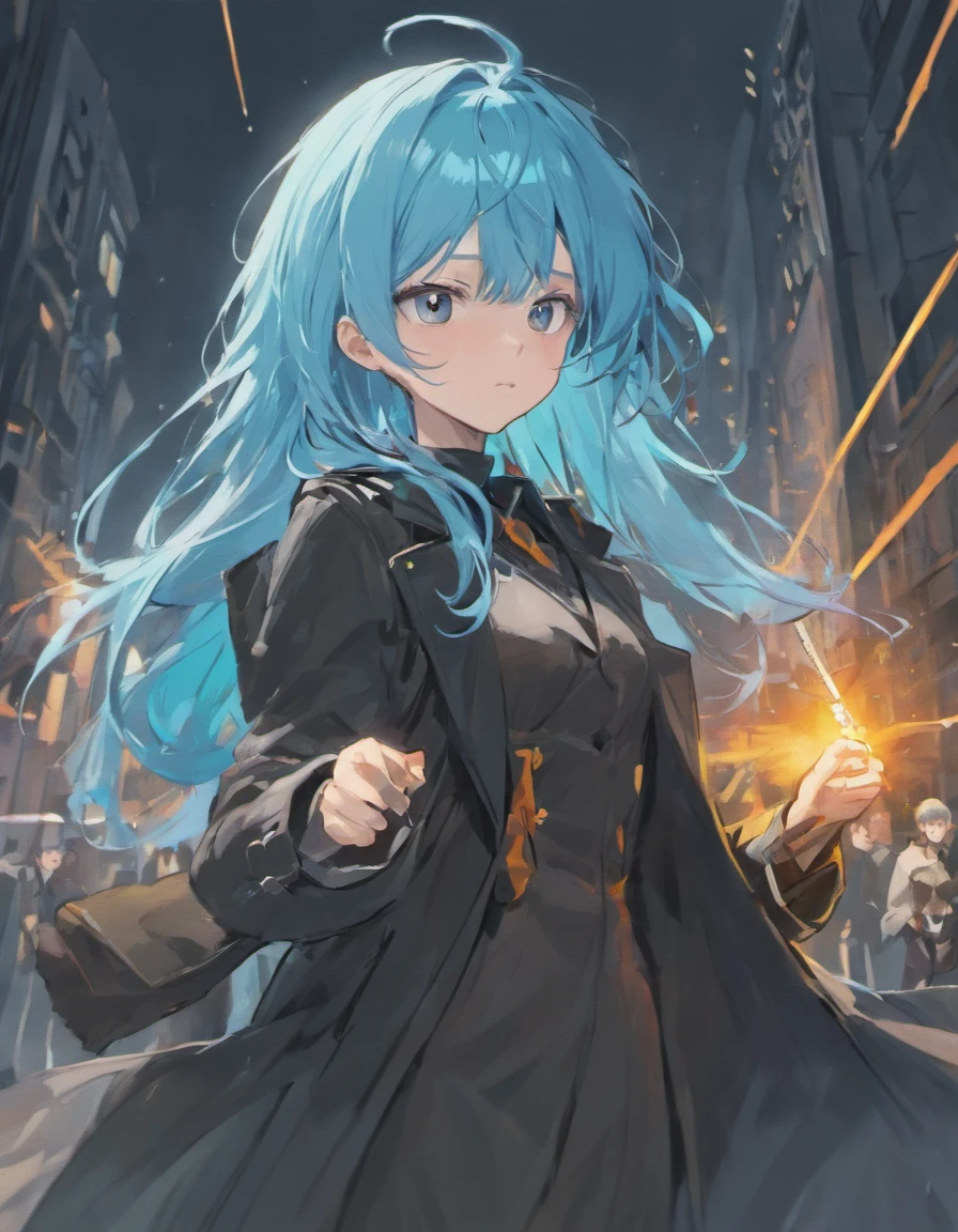 Pale blue hair，Amber pupils，a black trench coat，Armed with a long straight knife，Limuru