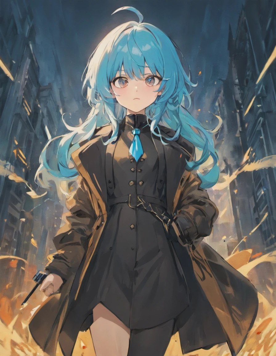 Pale blue hair，Amber pupils，a black trench coat，Armed with a long straight knife，Limuru