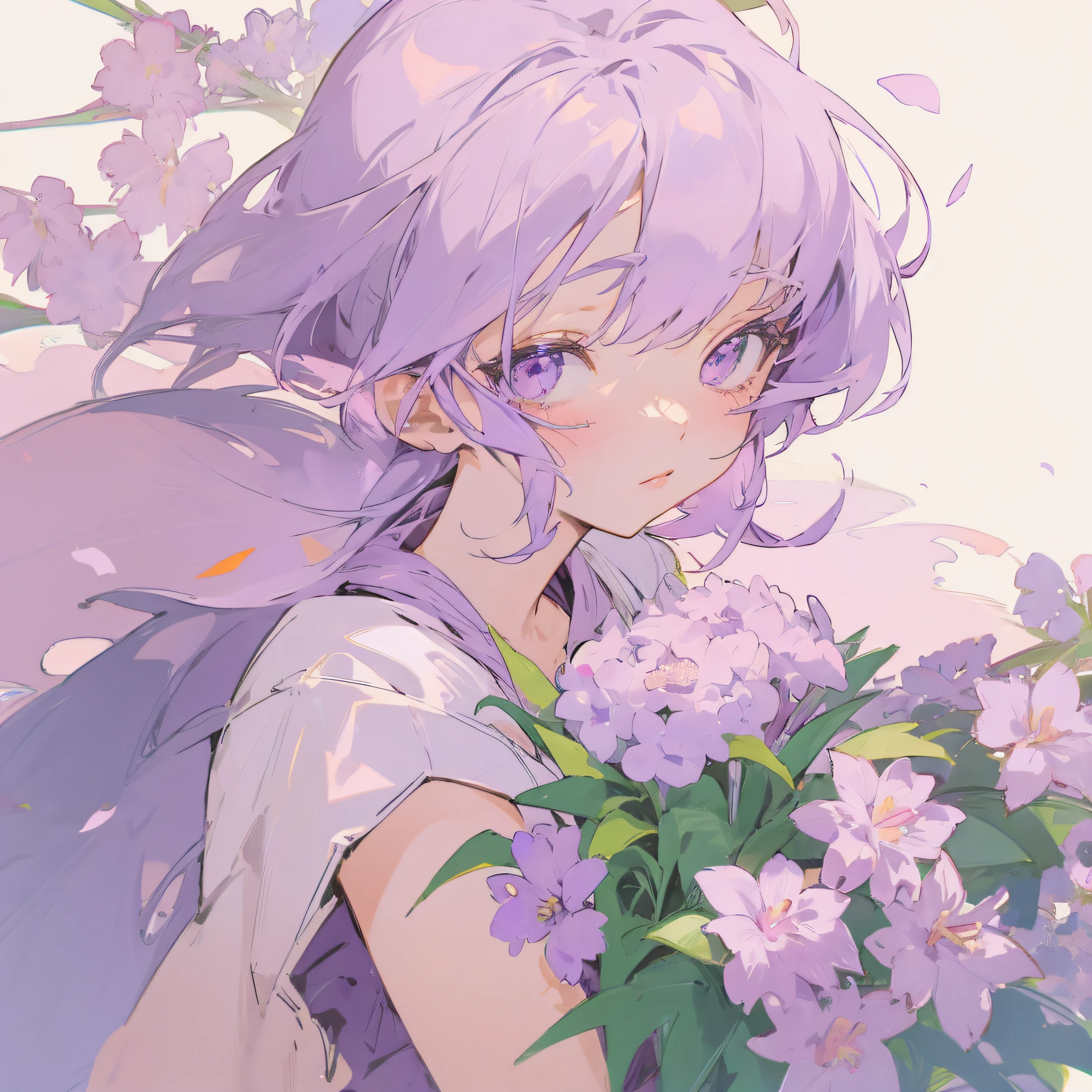 Anime girl with purple hair holding a bouquet of purple flowers,Anime style portrait,