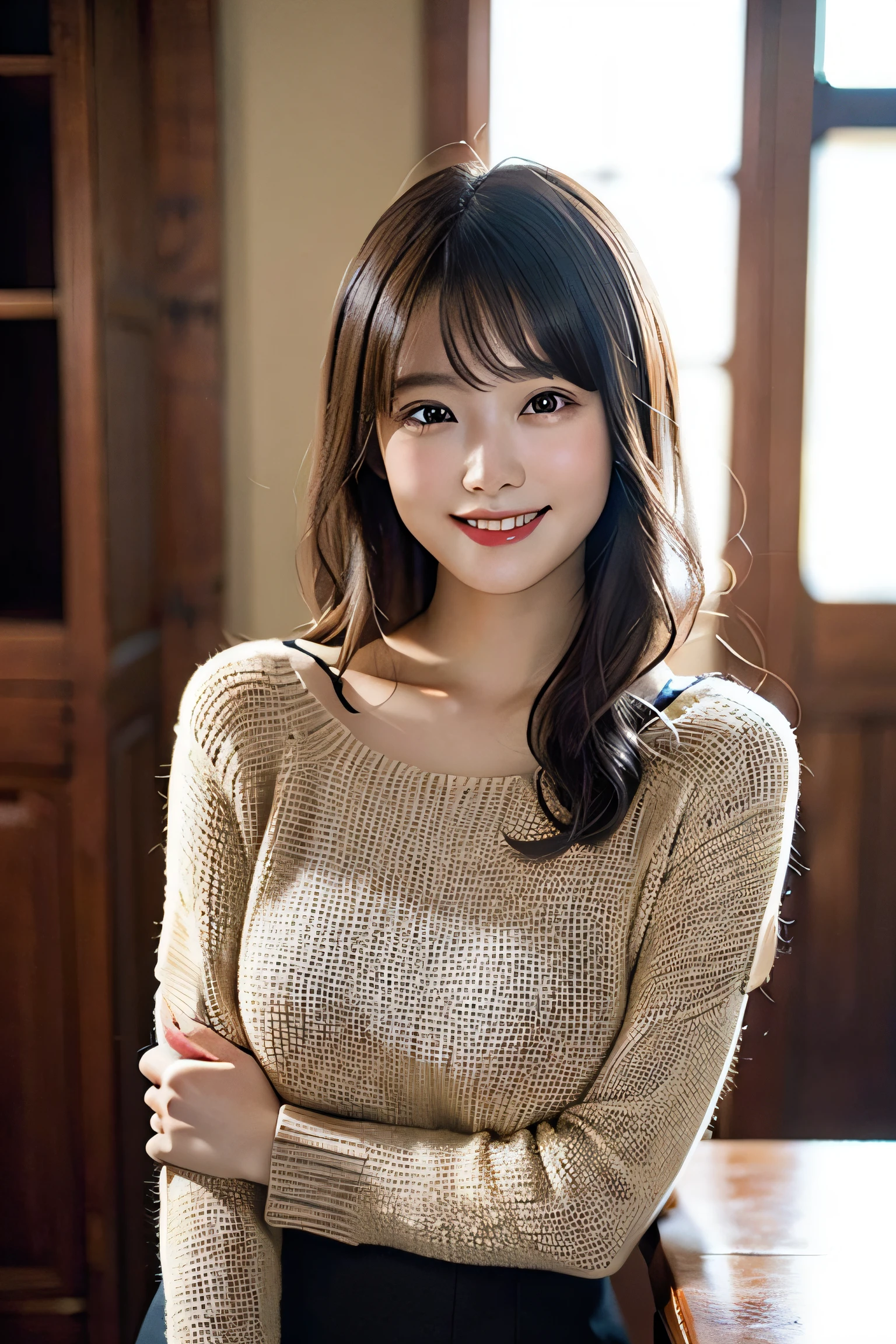 (8K、Raw photography、top-quality、masterpiece:1.2)、(realisitic、Photorealsitic:1.37)、ultra-detailliert、超A high resolution、女の子1人、see the beholder、beautifull detailed face、A smile、Constriction、(Slim waist) :1.3)、Colossal tits、Beautiful detailed skin、Skin Texture、Floating hair、Blurred background、inside in room、Whole human body、Black hair、Wearing a knitted dress with long sleeves、Smile、Japanese Models、ssmile
