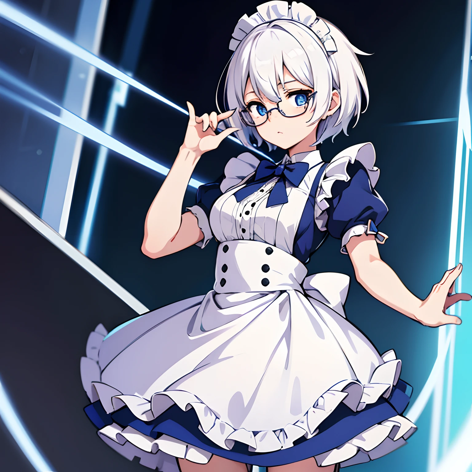 A petite anime girl, glasses, white hair, blue eyes, short hair, maid uniform, honkai impact art style