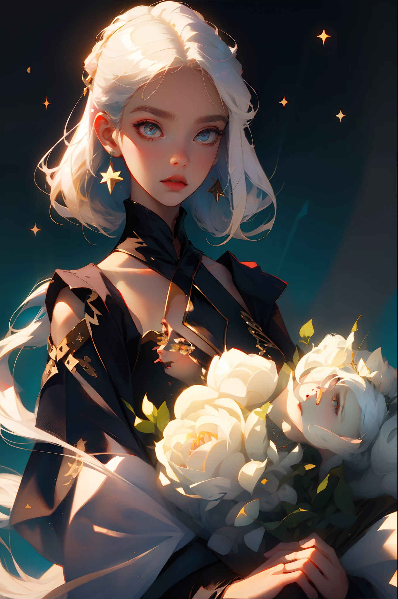 CG illustration, female, delicate frame, dressed in witch attire, earrings, white hair mixed with stars, two colored bright eyes