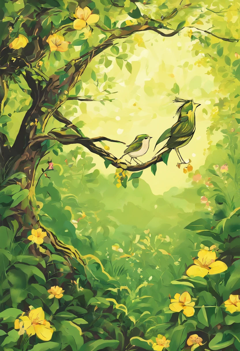 （（The yellow sparrow stands at the head of the branch））；（green forest），grassy fields，rios，fresh flowers，Black notes；Q version cartoon art style，Sparrow stands at the head of the branch，It is surrounded by green forests