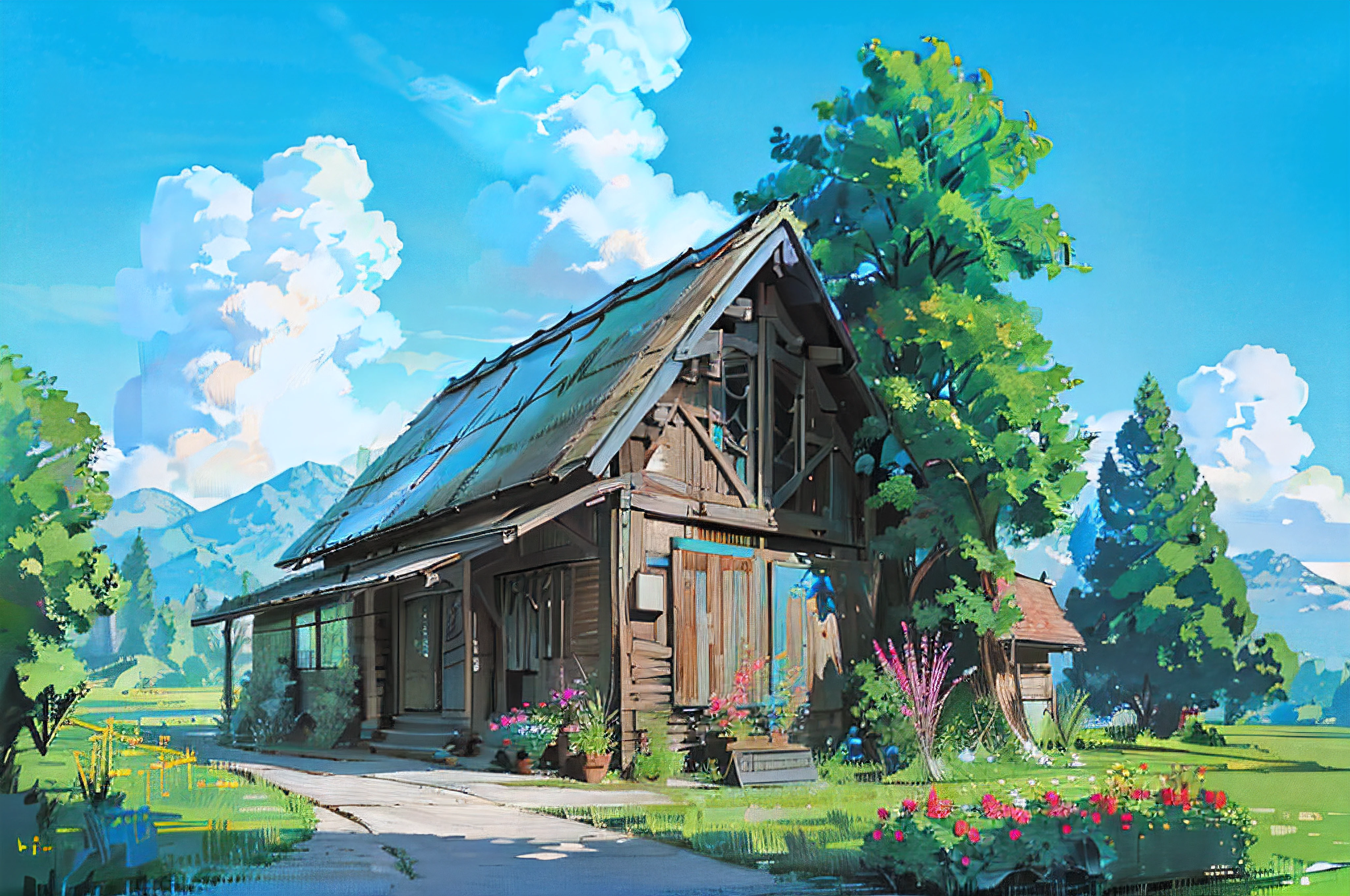 (masterpiece:1.2), best quality, (highres:1.2), (incredibly absurdres:1.4),(extremely detailed:1.4), sharp details, high contrast, no humans, outdoors, tree, scenery, sky, day, flower, blue sky, cloud, grass, building, house,