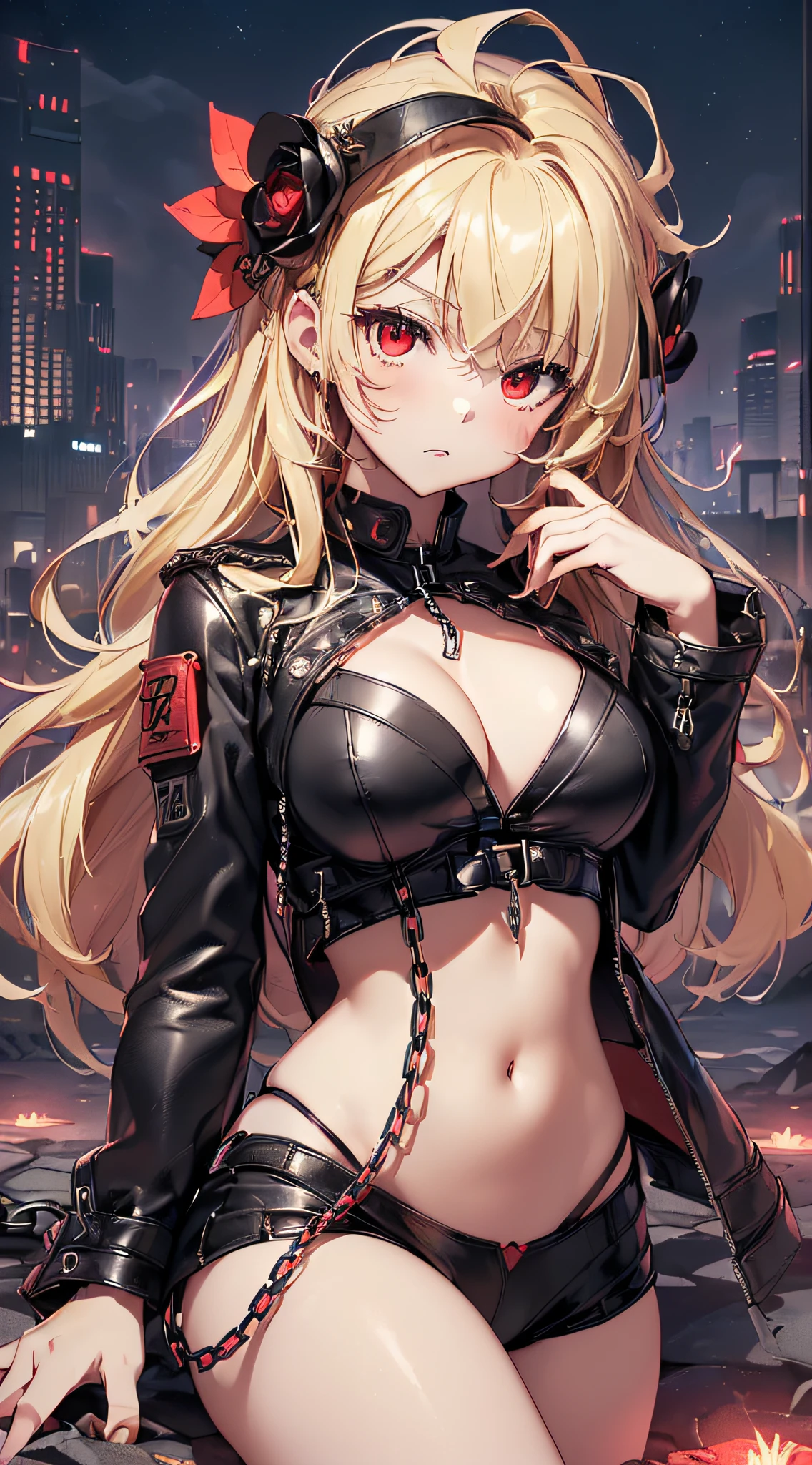 top-quality、Top image quality、masterpiece、girl with((cute little、18year old、Best Bust、Medium bust、Bust 85,Red eyes to issue、Breasts wide open,Valley、Blonde long hair、A slender、Black leather bra、Black leather jacket、White trousers、astonished face、Follow your audience)hiquality、Beautiful Art、Background with((nightcity、The ground glows red、Divided land、Chain from the ground)),masutepiece、Elaborate design、visualart、depth of fields、The best lighting、highestdetailed、