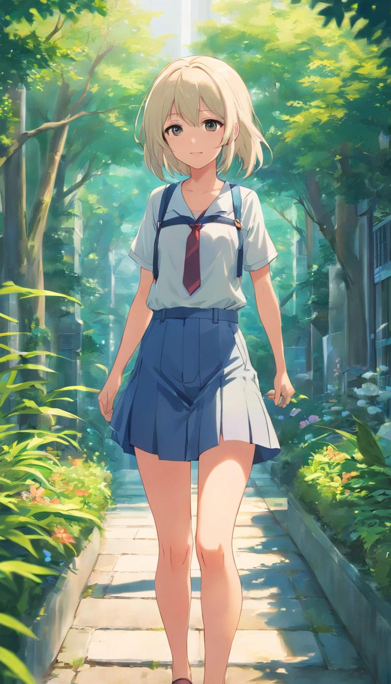 best qualtiy, tmasterpiece, 超高分辨率, realisticlying, 1 girl, long white hair,Heterochromic pupils,Long legs,Suspenders,vivaciousness,Stick out your tongue,trpical garden,wide angles