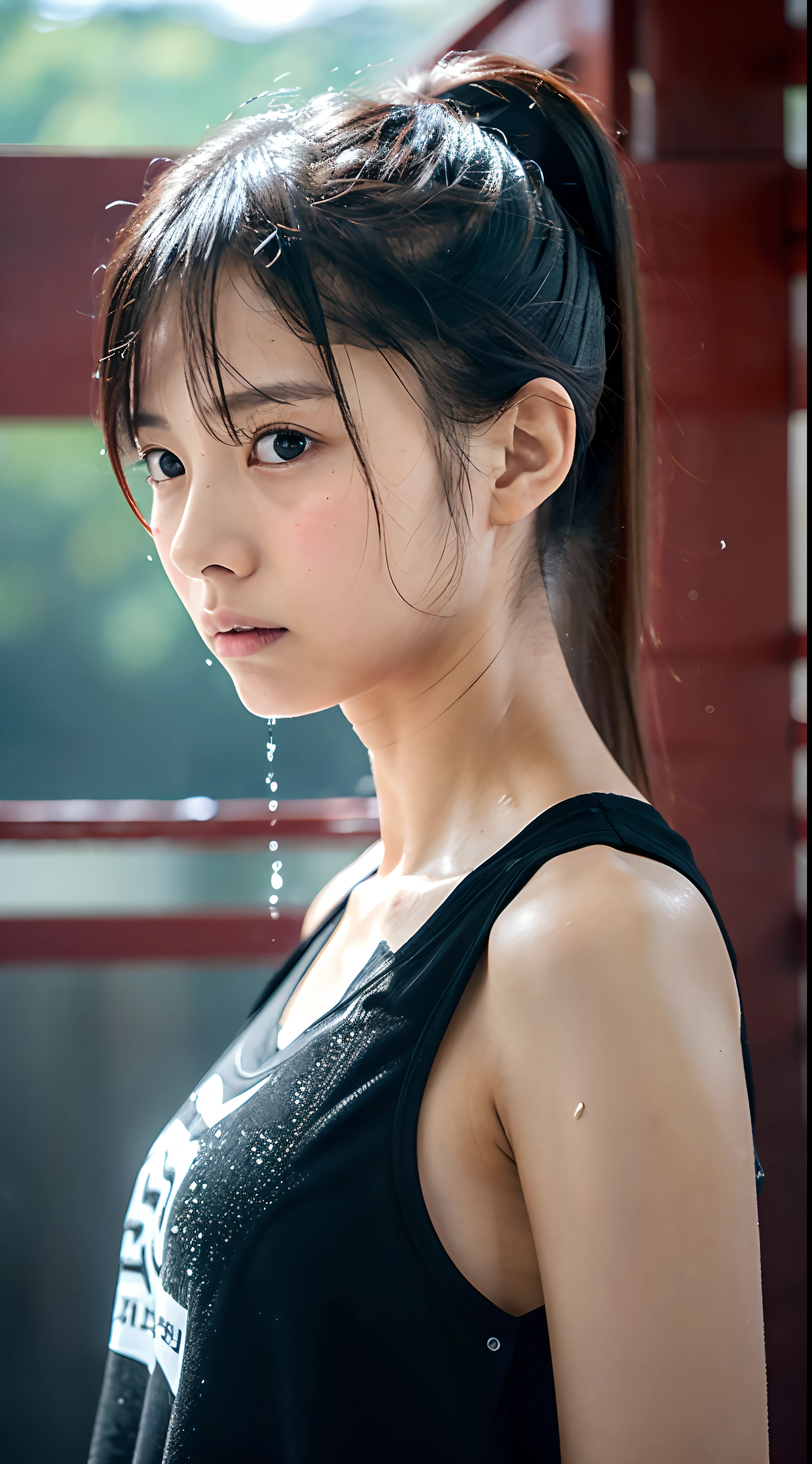 One lady,ar old,japanes,,Upper body portrait,A dark-haired,Beautiful ponytail,Wet with sweat,Serious look,Clothes are wet,