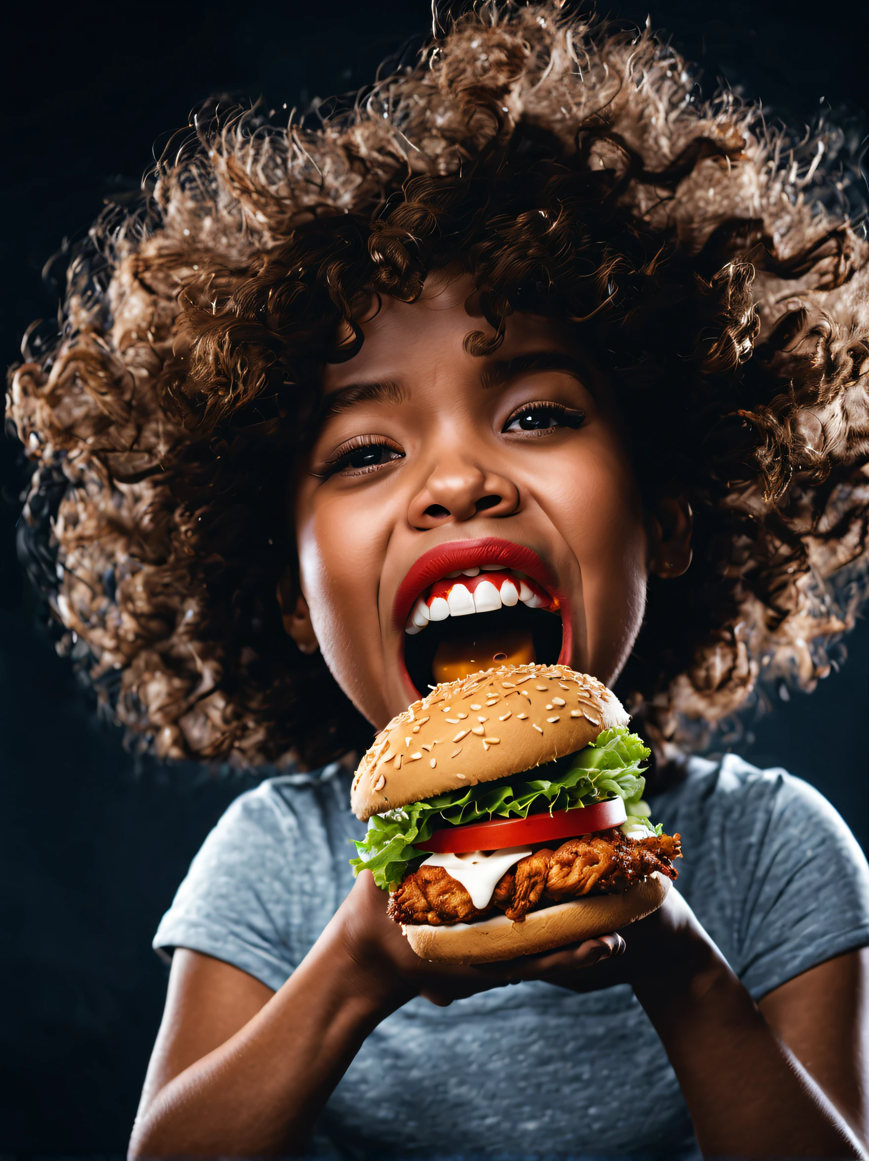 （Close-up of big open mouth girl eating KFC chicken burger）， （Open red mouth：1.2），Dark background, quality photo, Fried chicken, studio photo, (Smoke：1.2),cartoon character，