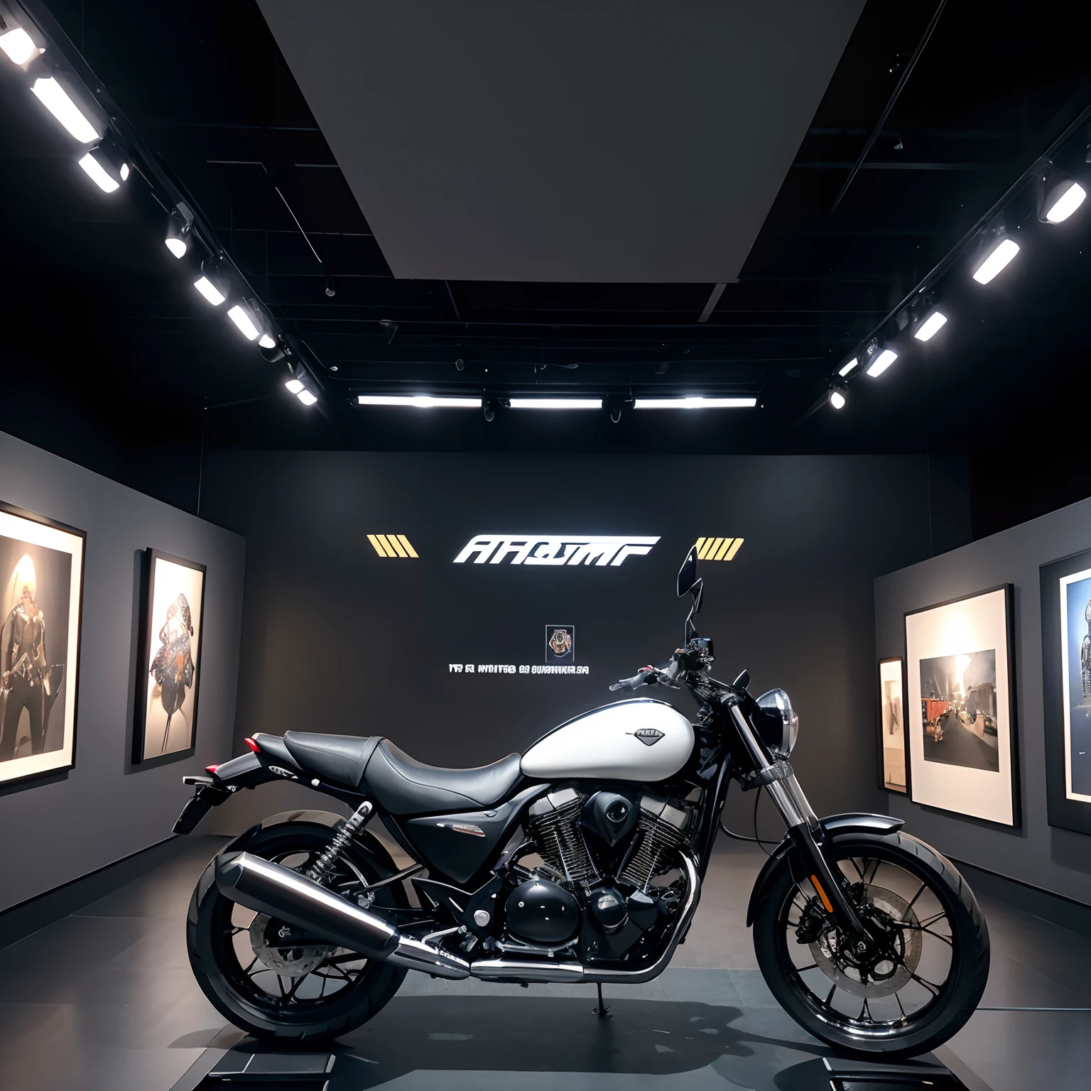 The Alafid view of the motorcycle showroom shows the motorcycle, walls of large moving images, background is a low light museum, exhibit, nouveau, Exhibition, displayed in the exhibition hall, awesome exposition, Hoyt of Hoytma, ultra realistic”, hyperrealistic”, awe - inspiring award - winning, Vantablok Wall,Interior design renderings
