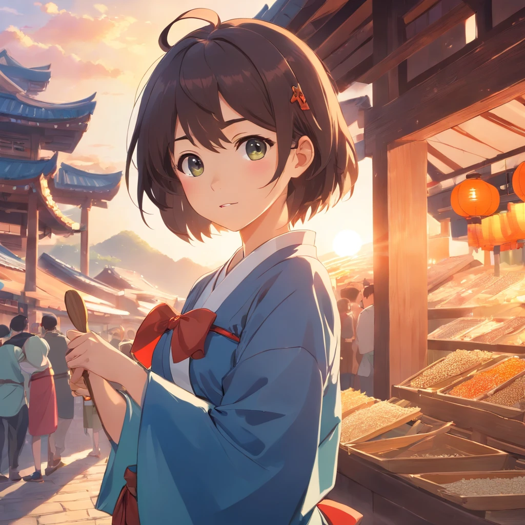 and the sun was shining brightly,The attachment is the stilt building,A bear dressed in Zhuang costume stirs five-colored glutinous rice with a wooden spoon, 4K, Dutch angle, Light cinematic, (muzzle flash: 0,7