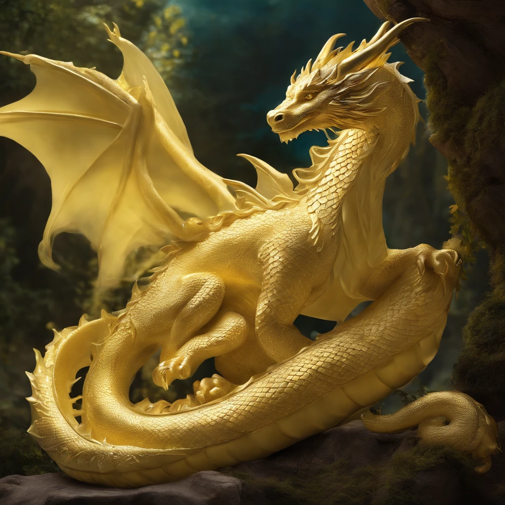 Princess (blonde hair, in a long dress, holding a magic wand), background (the forest, moon), Chinese dragon (One, Golden Dragon with Five Claws, Two wings), Princess Riding a Dragon
