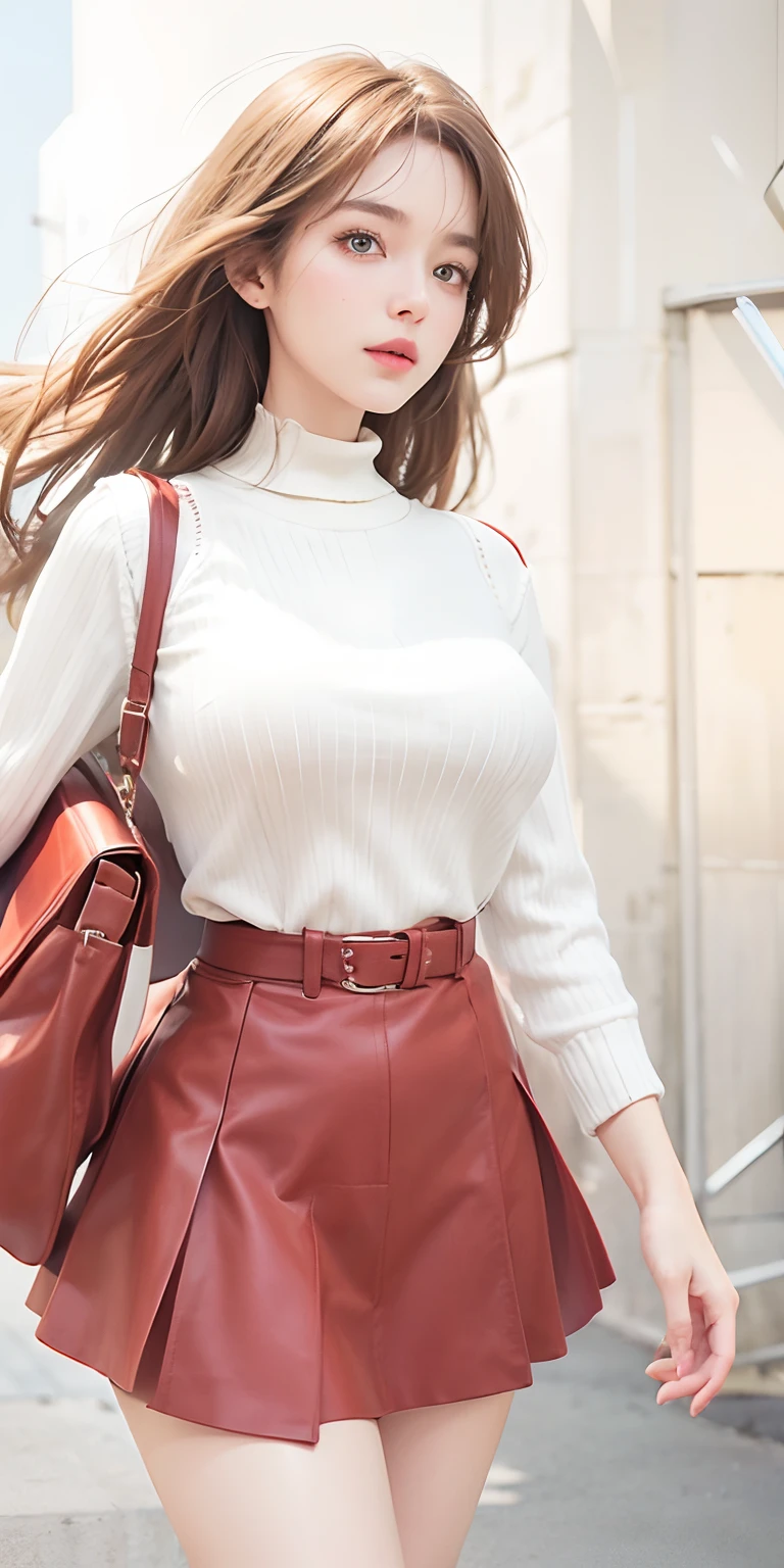1girl,huge breast,brown hair,white sweater,red skirt,red handbag, ultra detailed, masterpiece, realistic
