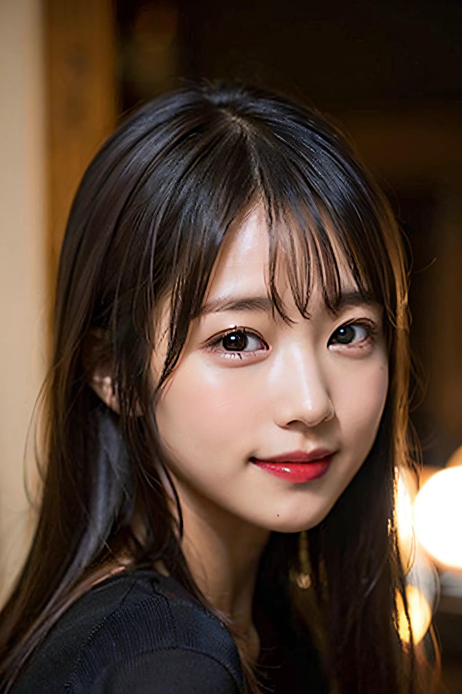 (8K、Raw photography、top-quality、masterpiece:1.2)、(realisitic、Photorealsitic:1.37)、ultra-detailliert、超A high resolution、1人、see the beholder、beautifull detailed face、A smile、Constriction、(Slim waist) :1.3)、Colossal tits、Beautiful detailed skin、Skin Texture、Floating hair、Blurred background、inside in room、Whole human body、Black hair、Wearing a knitted dress with long sleeves、Smile、Japanese Models、ssmile
