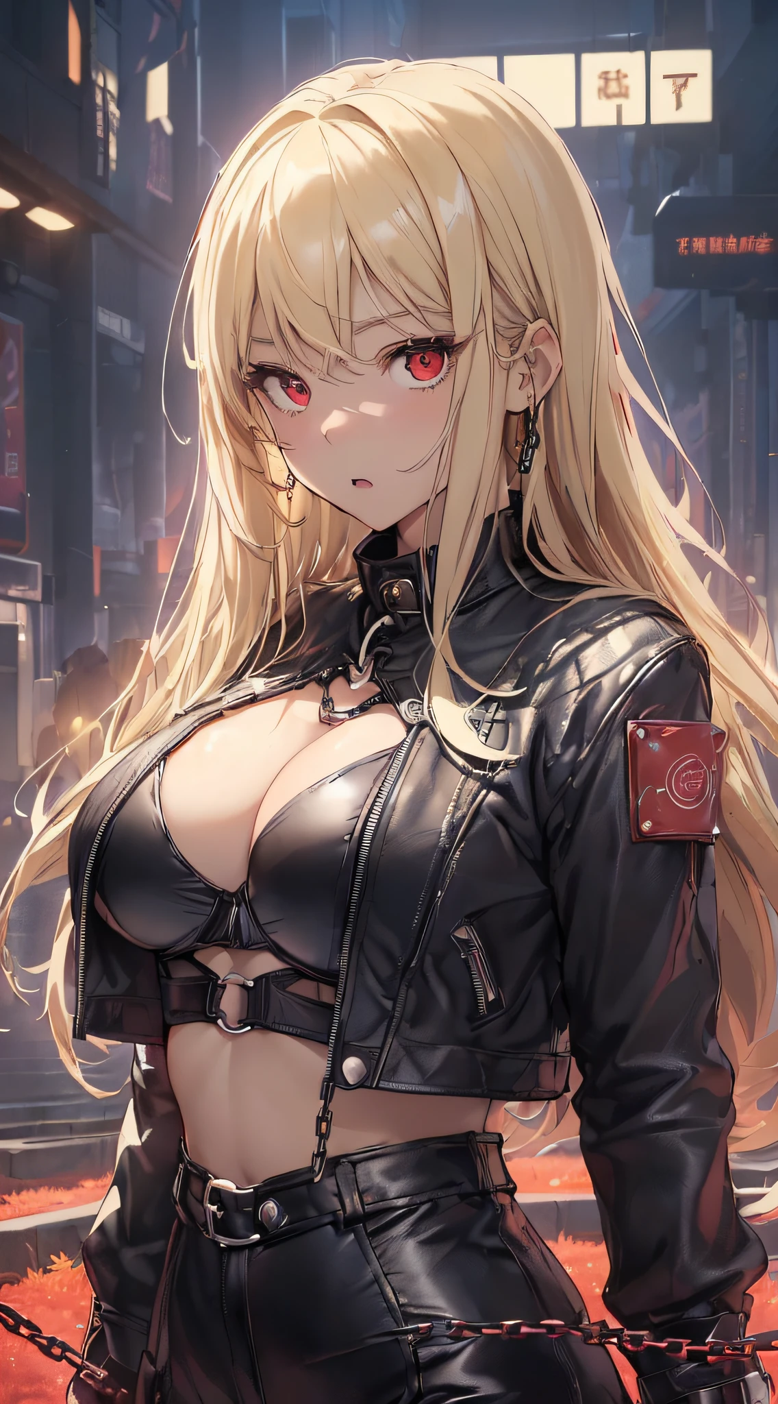 top-quality、Top image quality、masterpiece、girl with((cute little、18year old、Best Bust、Medium bust、Bust 85,Red eyes to issue、Breasts wide open,Valley、Blonde long hair、A slender、Black leather bra、Black leather jacket、White trousers、astonished face、Follow your audience)hiquality、Beautiful Art、Background with((nightcity、The ground glows red、Divided land、Chain from the ground)),masutepiece、Elaborate design、visualart、depth of fields、The best lighting、highestdetailed、