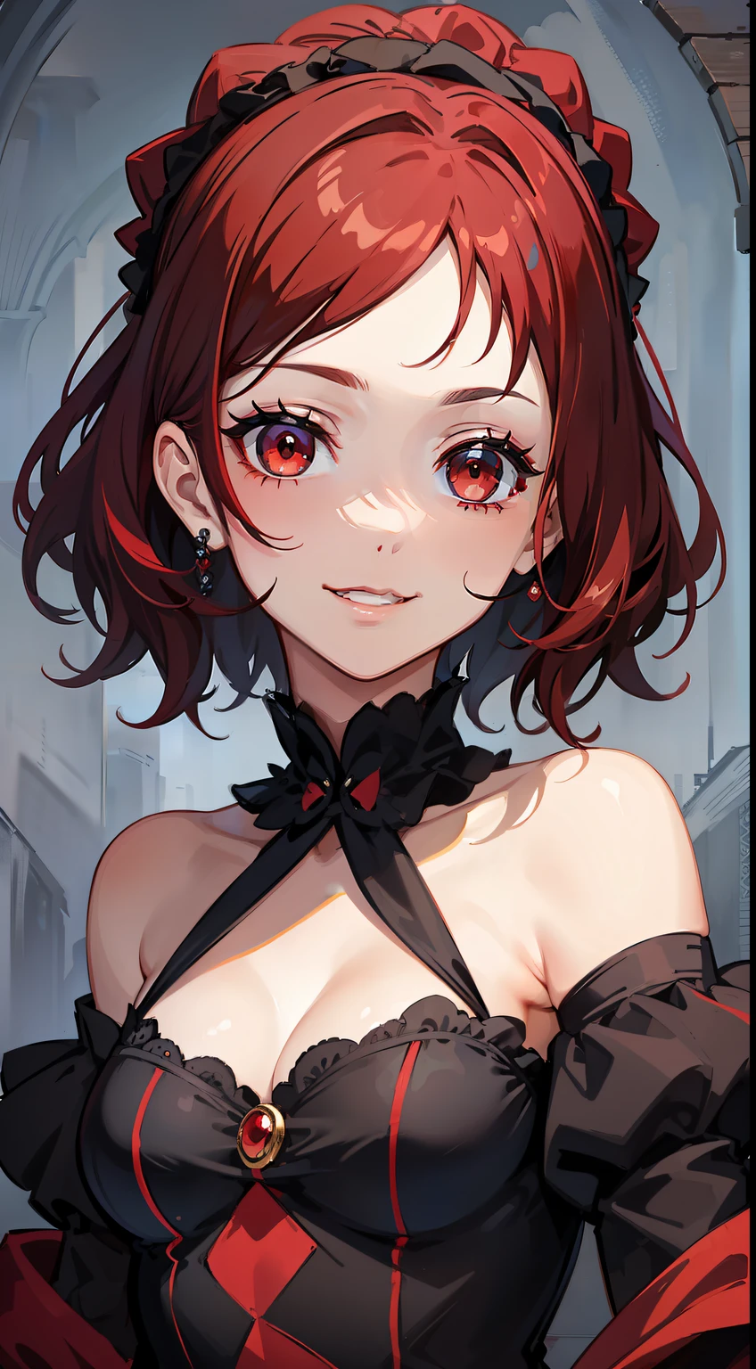 young girl, short black or red hair, The eyes are red, The shape of the royal jester, ssmile, clown makeup, Masterpiece, hiquality